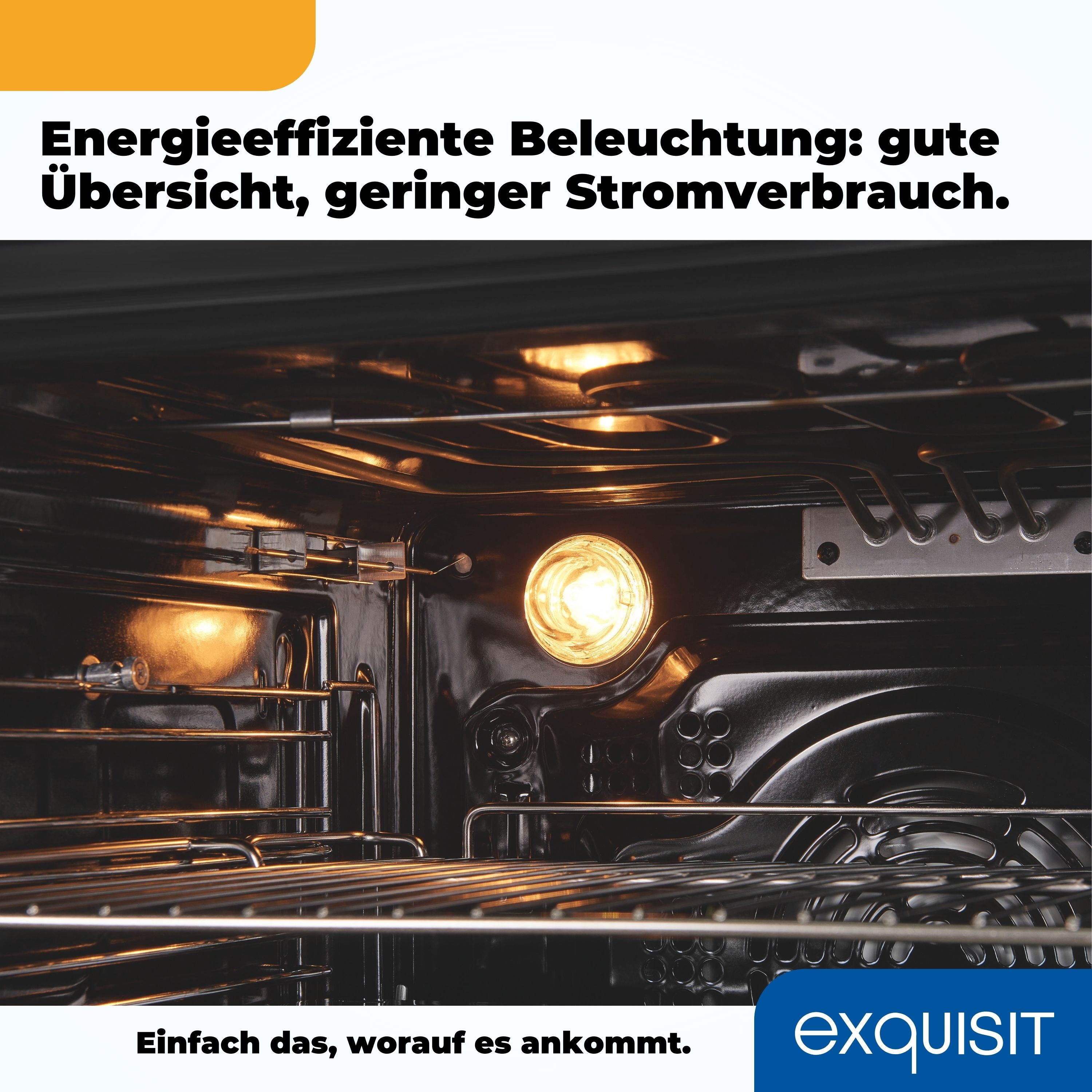 Backofeninnenraum mit Licht und Heizelementen. Text: Energieeffiziente Beleuchtung.