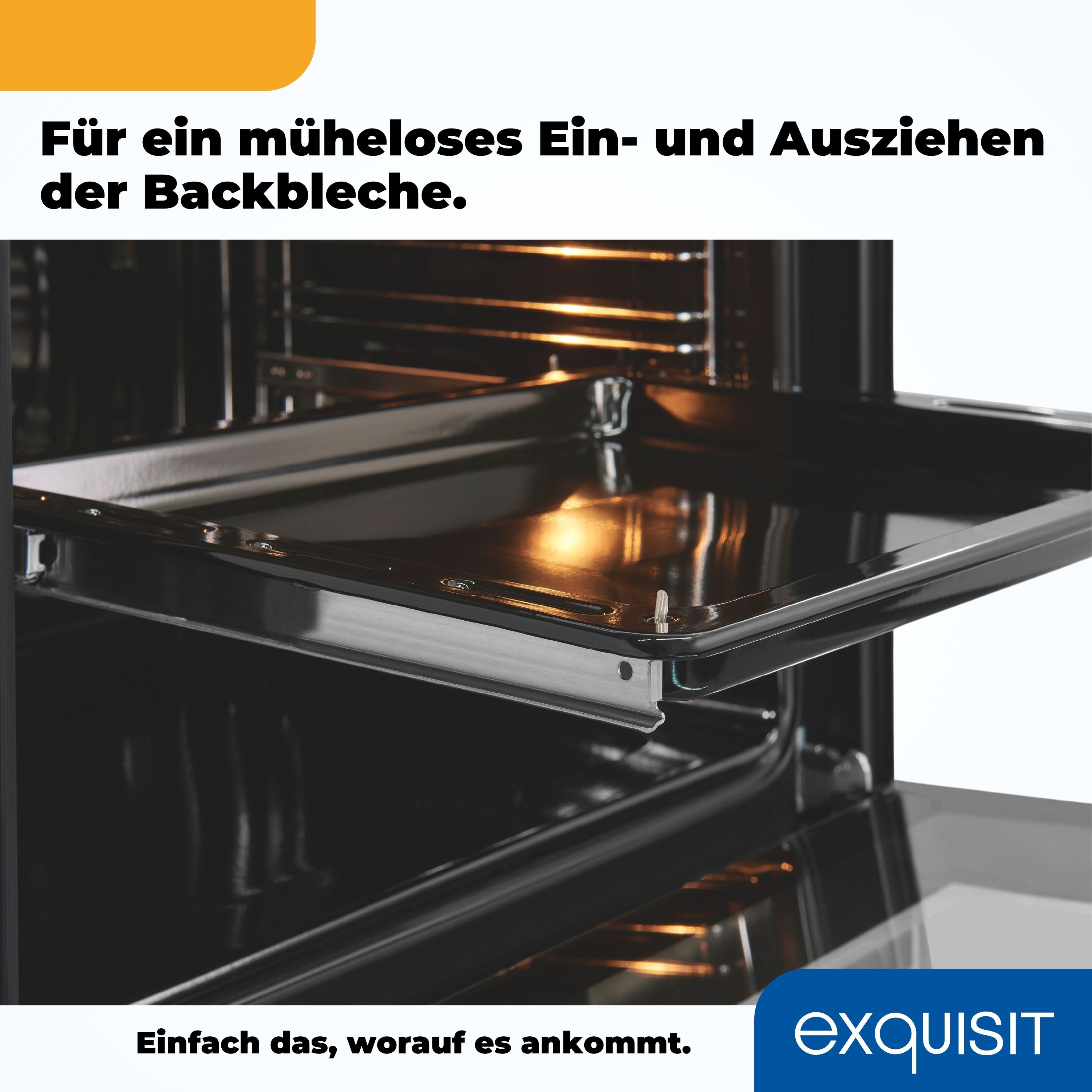 Im Inneren eines Ofens wird ein Backblech herausgezogen, wobei eine offene Ofentür und Text gezeigt werden.