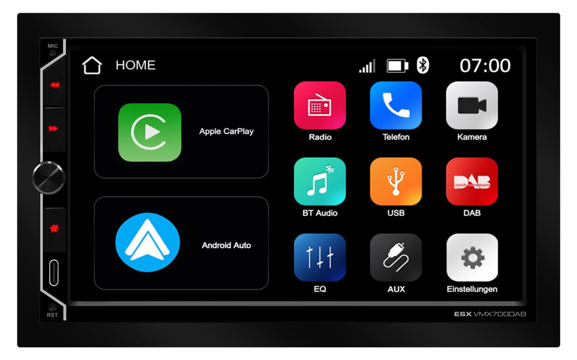 Schwarzes Autoradio mit Touchscreen, der Apps und Uhrzeit anzeigt.