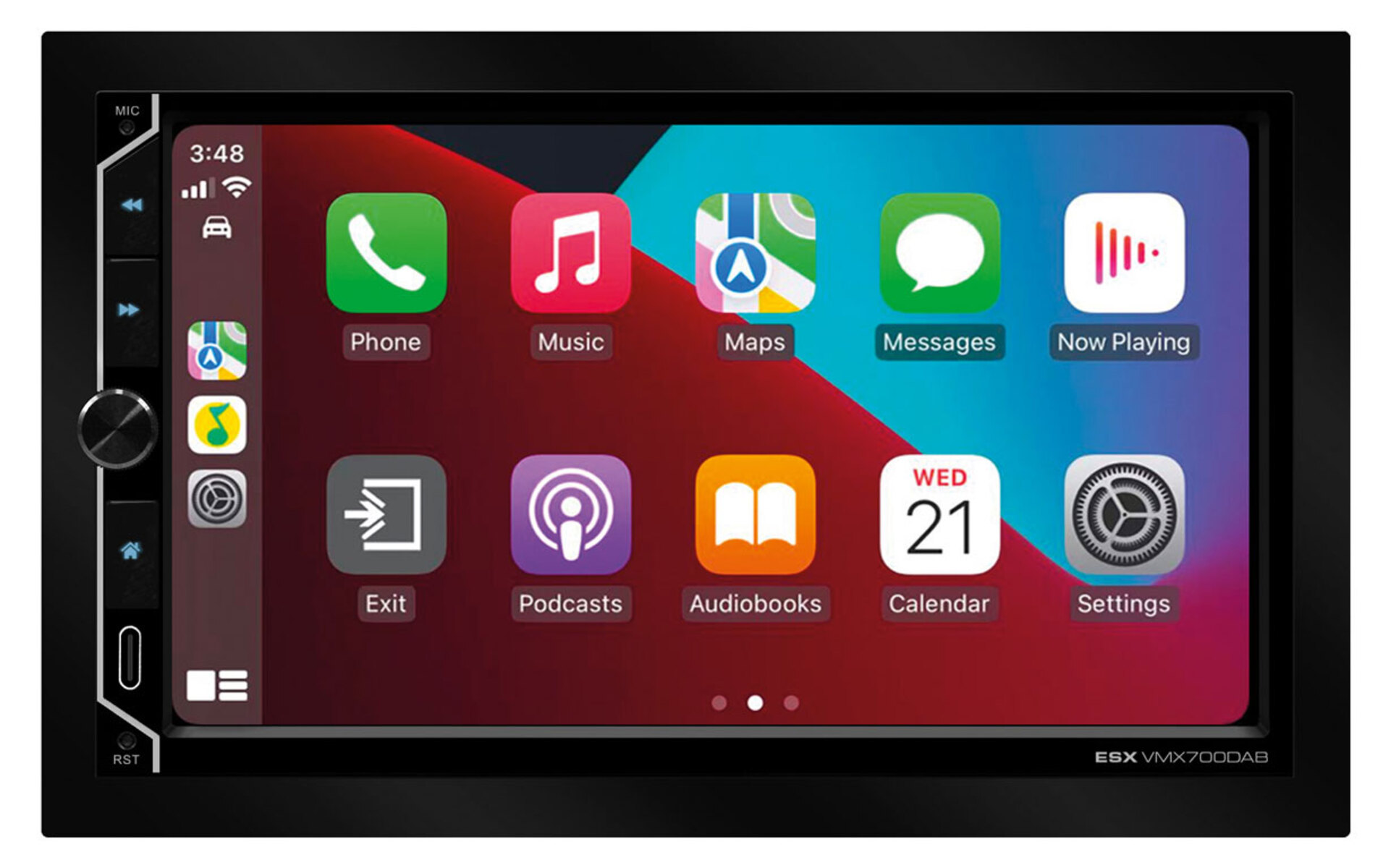 Auto-Infotainment-System mit Touchscreen, der App-Symbole und Uhrzeit anzeigt.