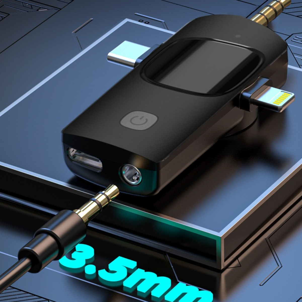 Schwarzer Audioadapter mit mehreren Anschlüssen und einem 3,5-mm-Klinkenkabel.