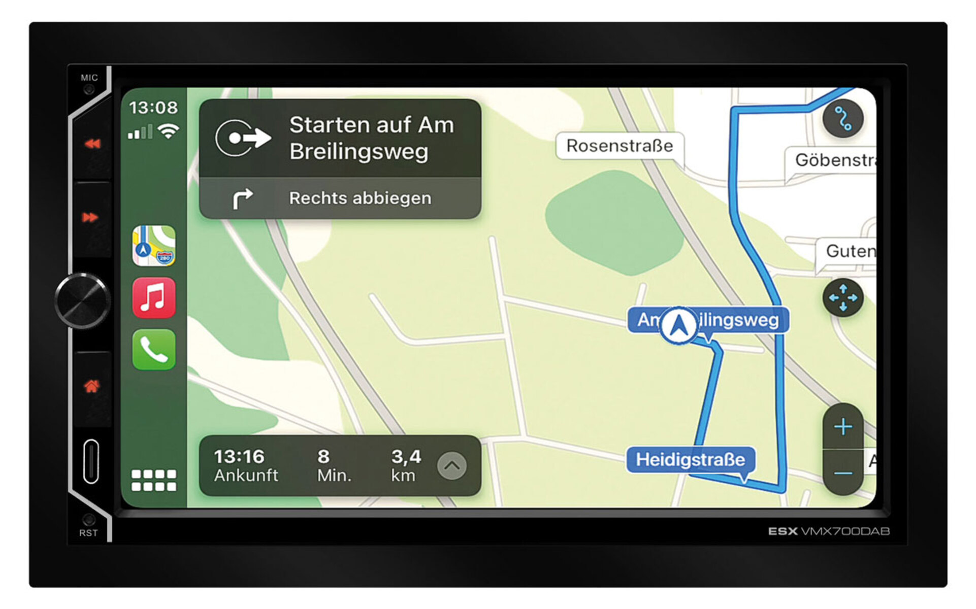 GPS-Navigationsbildschirm in einem Auto. Zeigt eine Karte mit Route und Anweisungen. Schwarzer Rand.