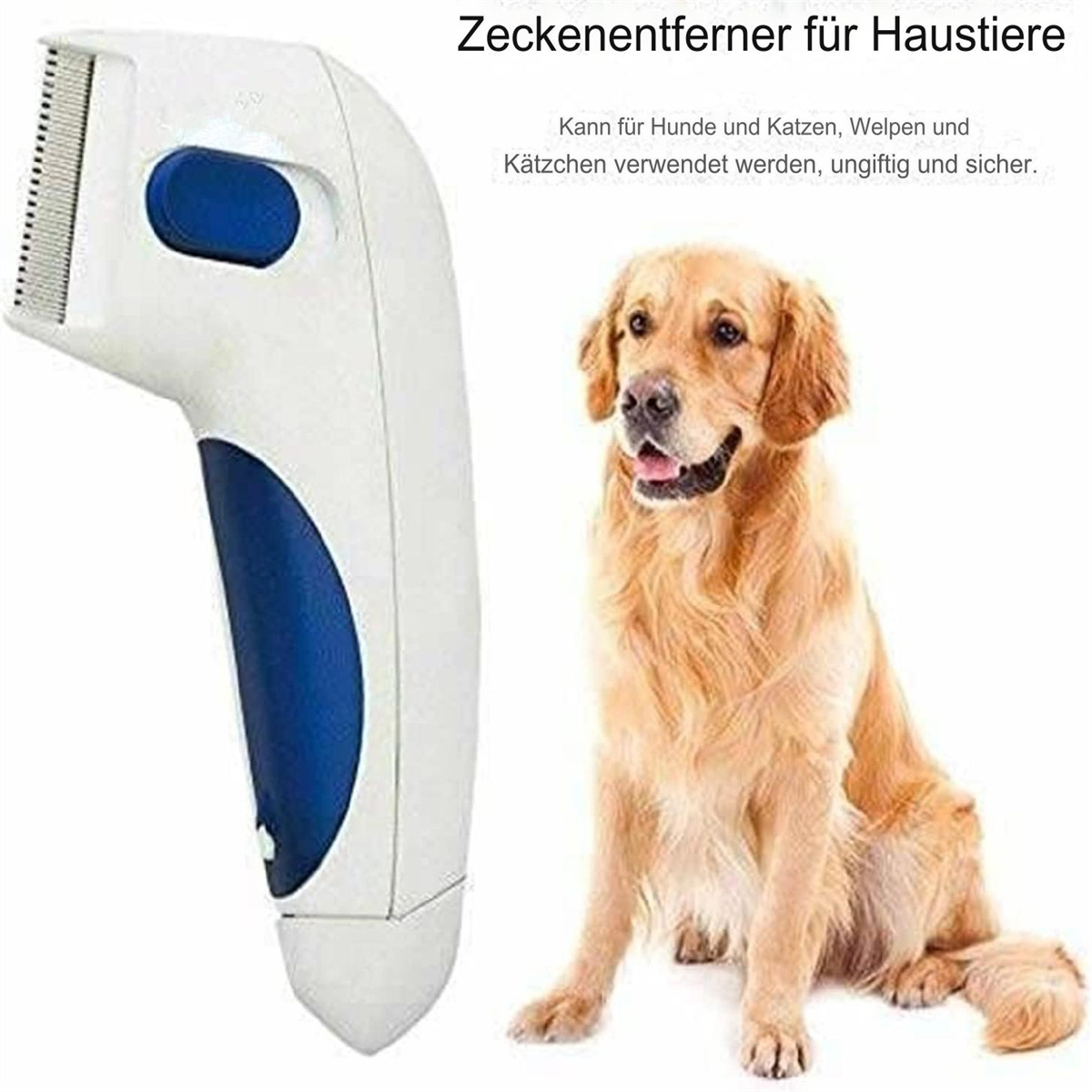 Hund und Zeckenentferner. Werkzeug ist weiß und blau.