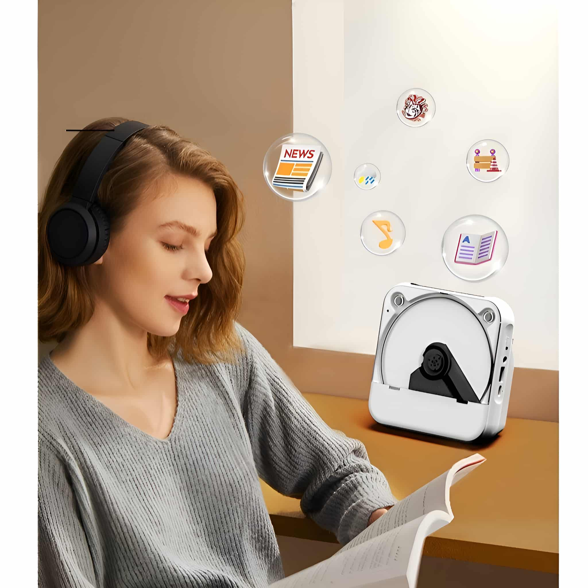 Frau liest mit Kopfhörern und einem Retro-Musikplayer mit visuellen Symbolen drumherum.
