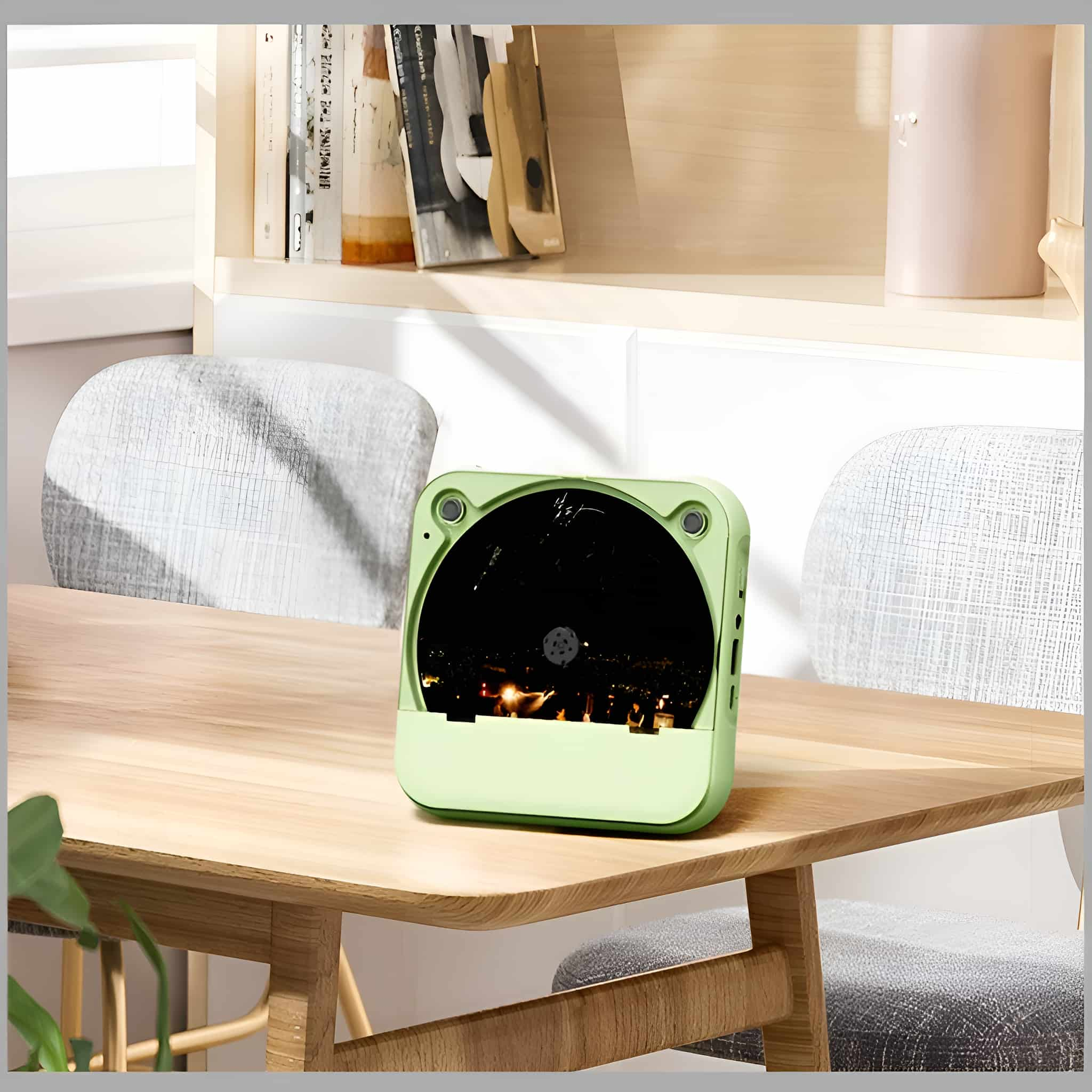 Grüner Lautsprecher auf einem Holztisch, mit Lichteffekt.