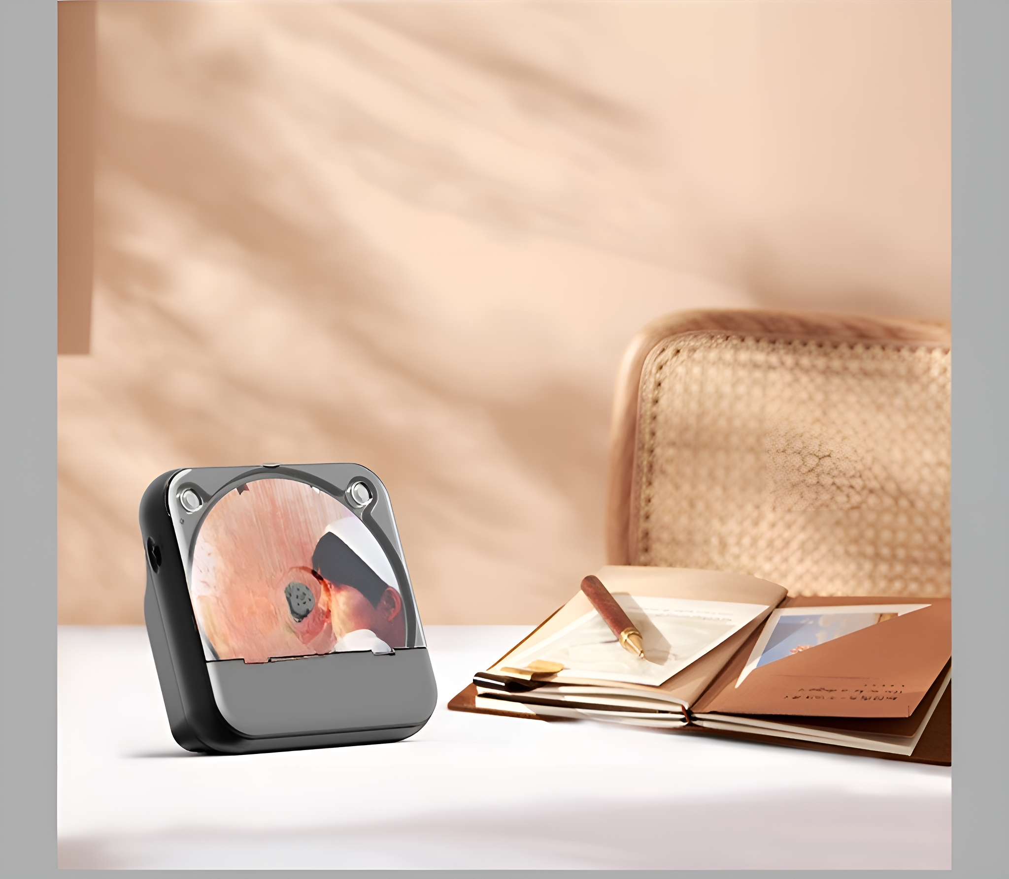 Ein schwarzer CD-Player mit einer CD, platziert auf einem Tisch mit einem Buch und einem Stift.