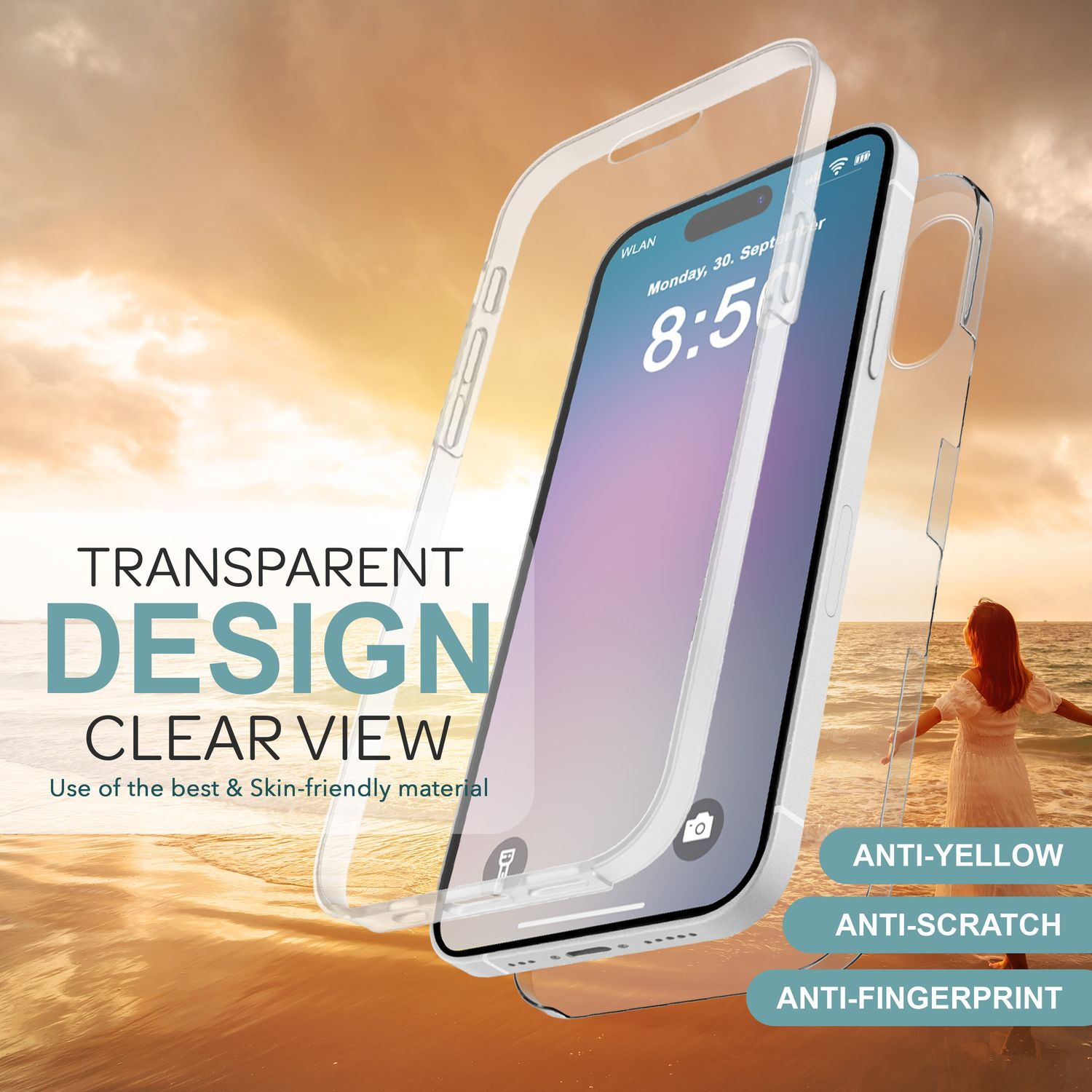 Eine transparente Handyhülle schützt ein Telefon am Strand. Der Text lautet 'Transparentes Design Klare Sicht'.