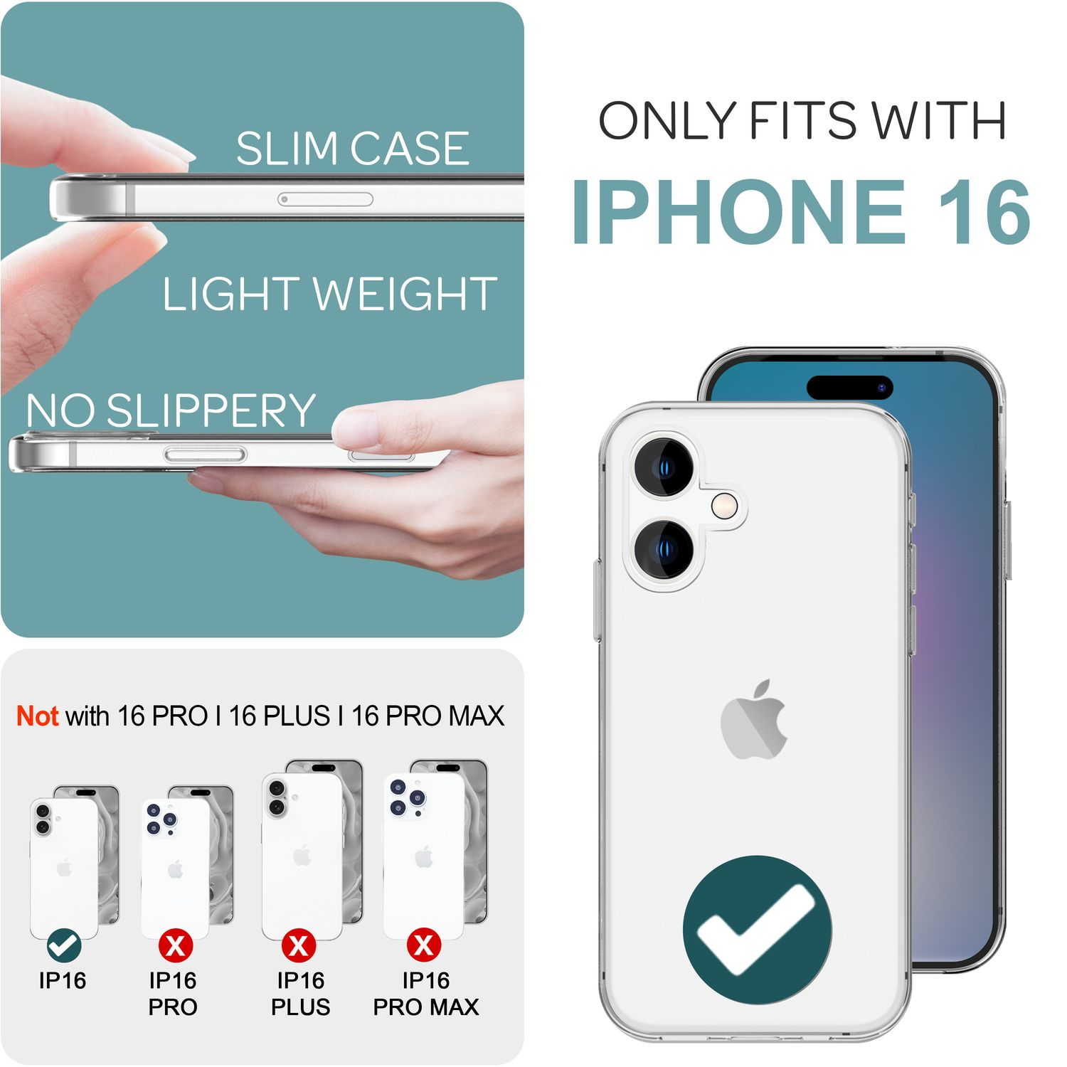 Eine iPhone 16 Hülle mit einem Telefonbild. Sie sagt 'schlanke Hülle', 'leicht' und 'nicht rutschig'. Nicht für Pro-Modelle.