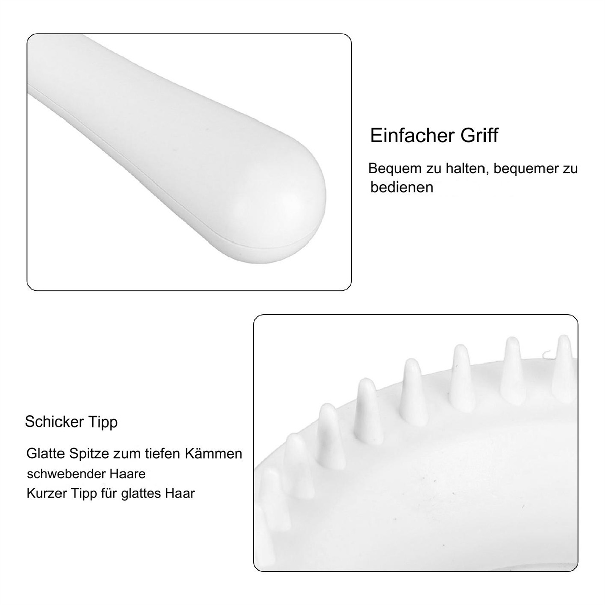 Nahaufnahme eines weißen Kamms mit Griff und Zinken. Text über den Kamm. Weißer Hintergrund.