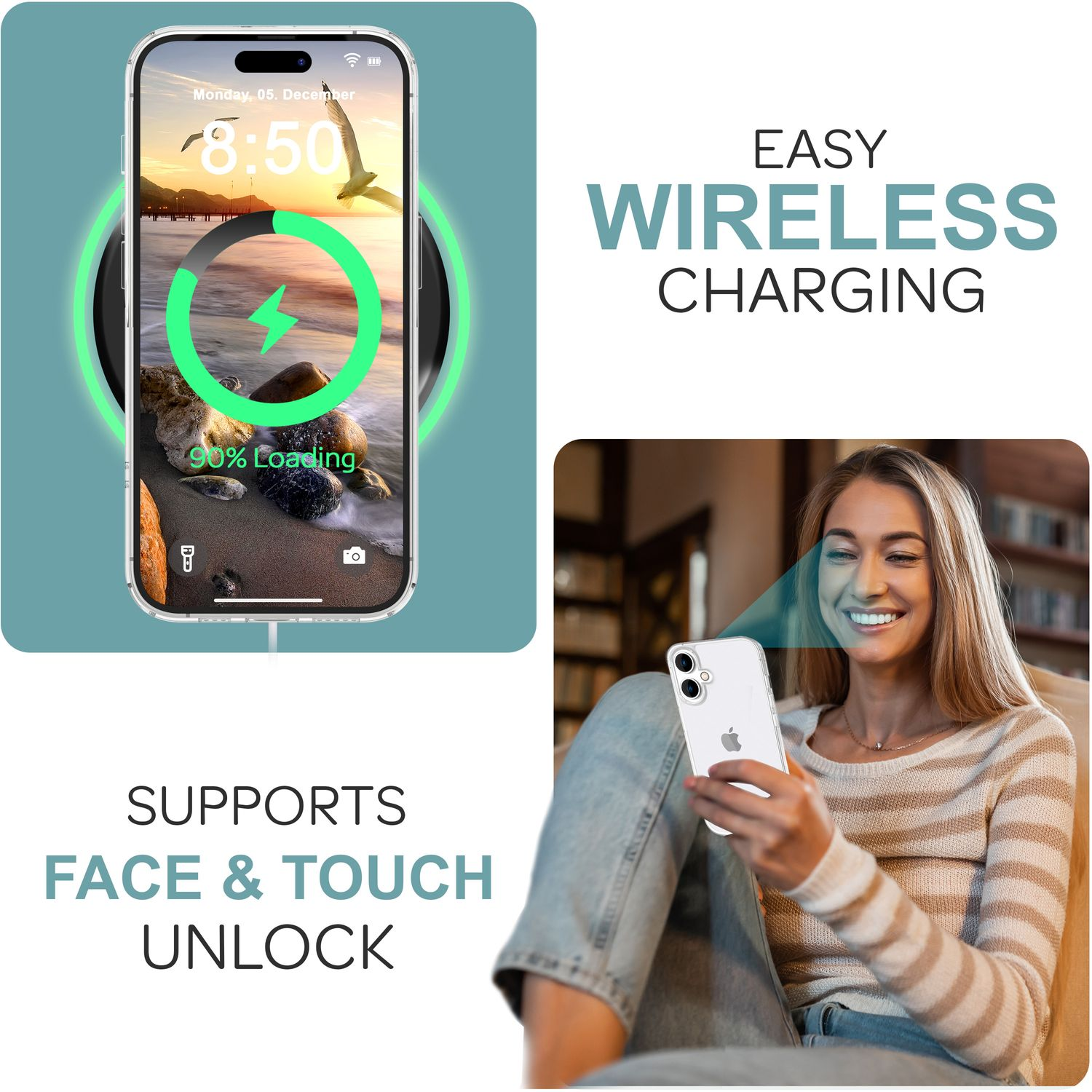 Frau nutzt kabelloses Laden. Telefon zeigt 90% Ladung. Text: Einfaches kabelloses Laden, unterstützt Face Unlock.