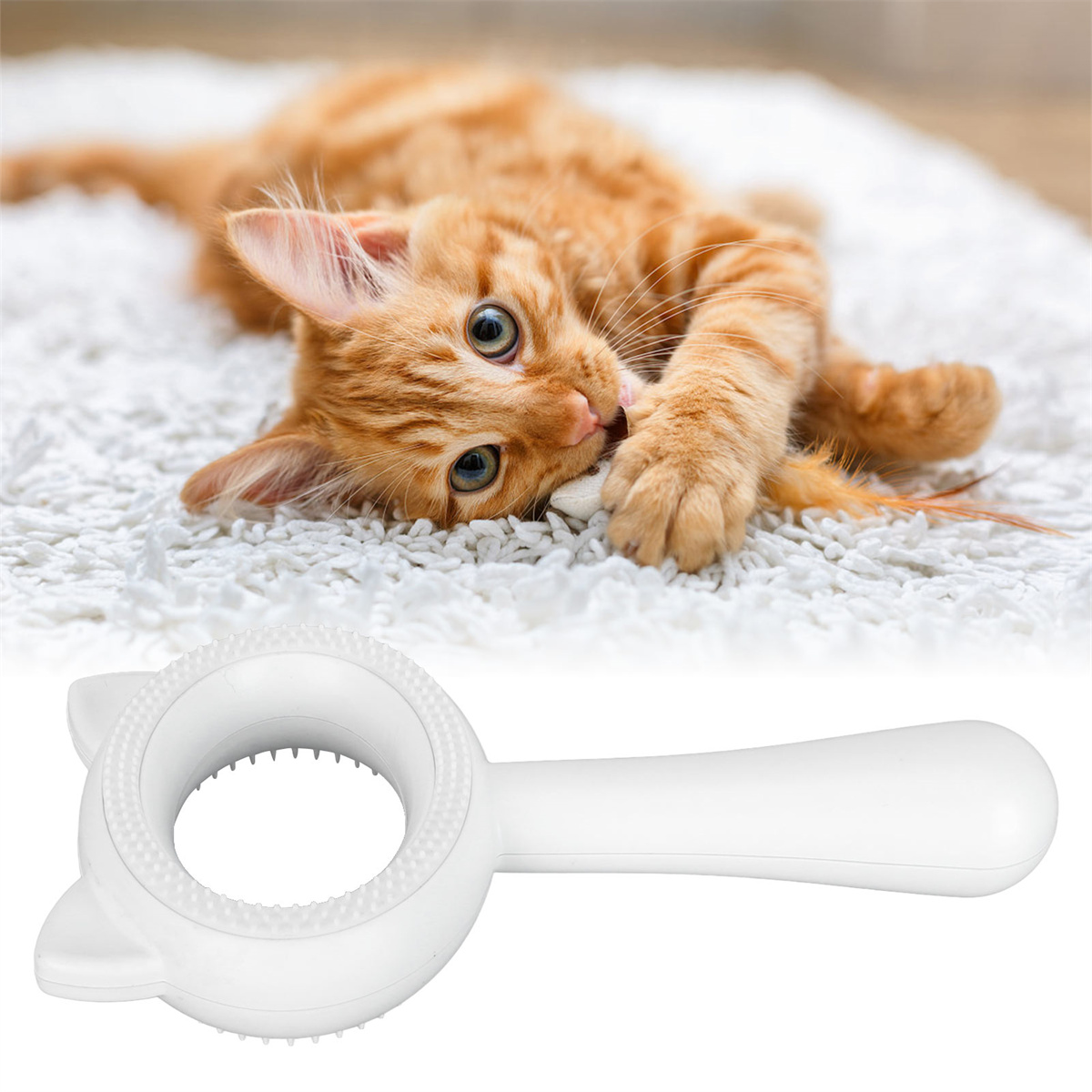 Roter Kater spielt mit einem Spielzeug. Ein weißes Tierpflegegerät im Vordergrund.