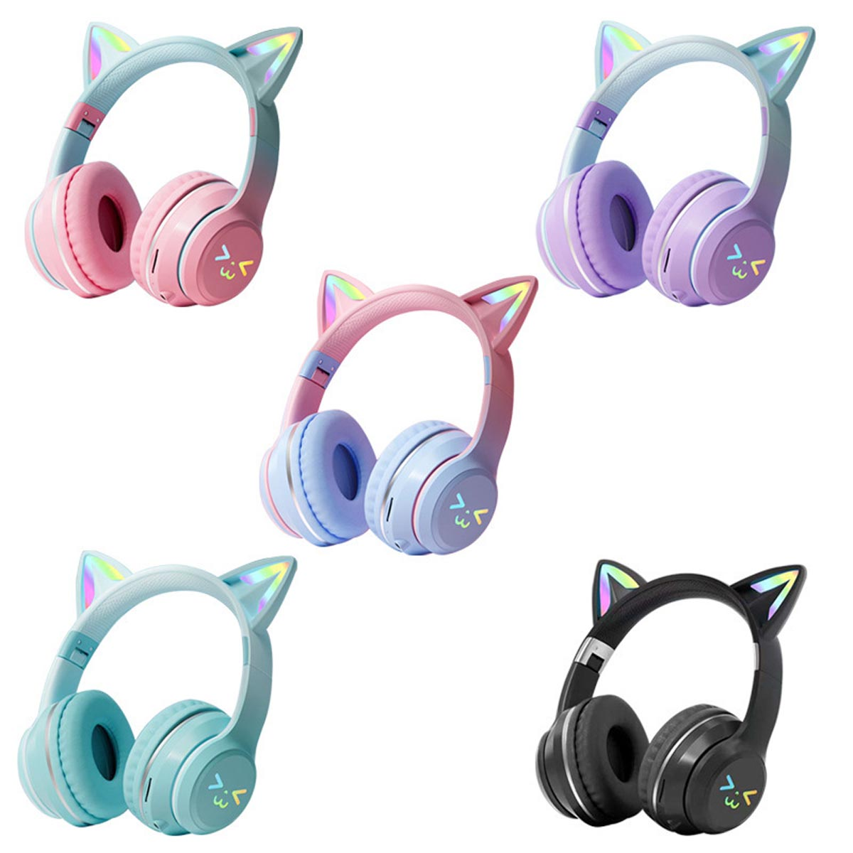 Fünf Katzenohr-Kopfhörer in verschiedenen Farben: blau, rosa, lila, blaugrün und schwarz.