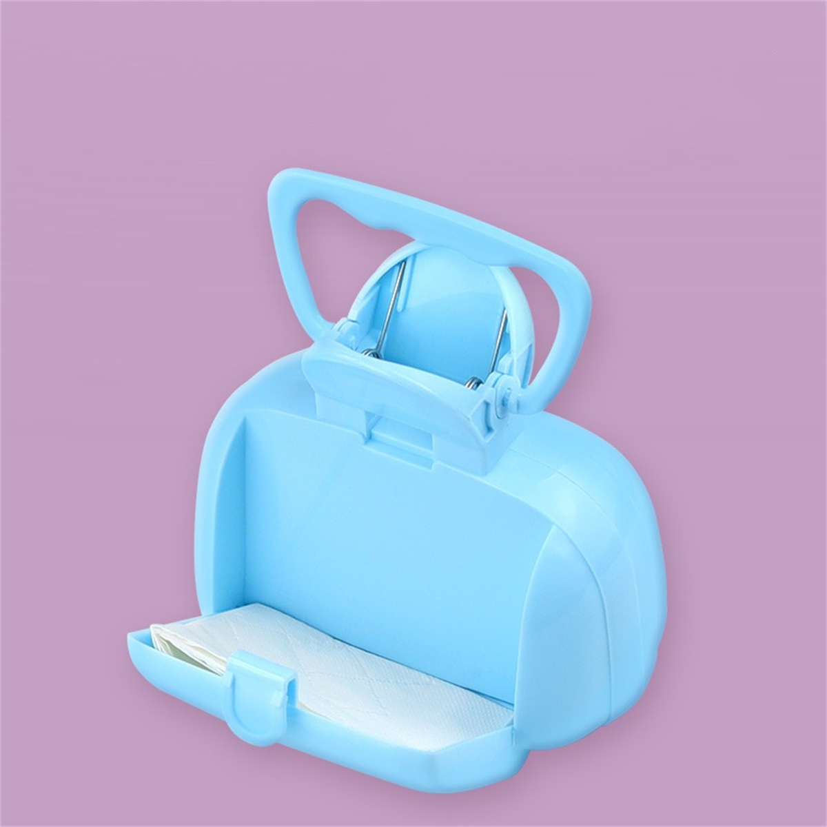 Hellblaue Plastik-Taschentuchbox mit Griff und Öffnung für Taschentücher.