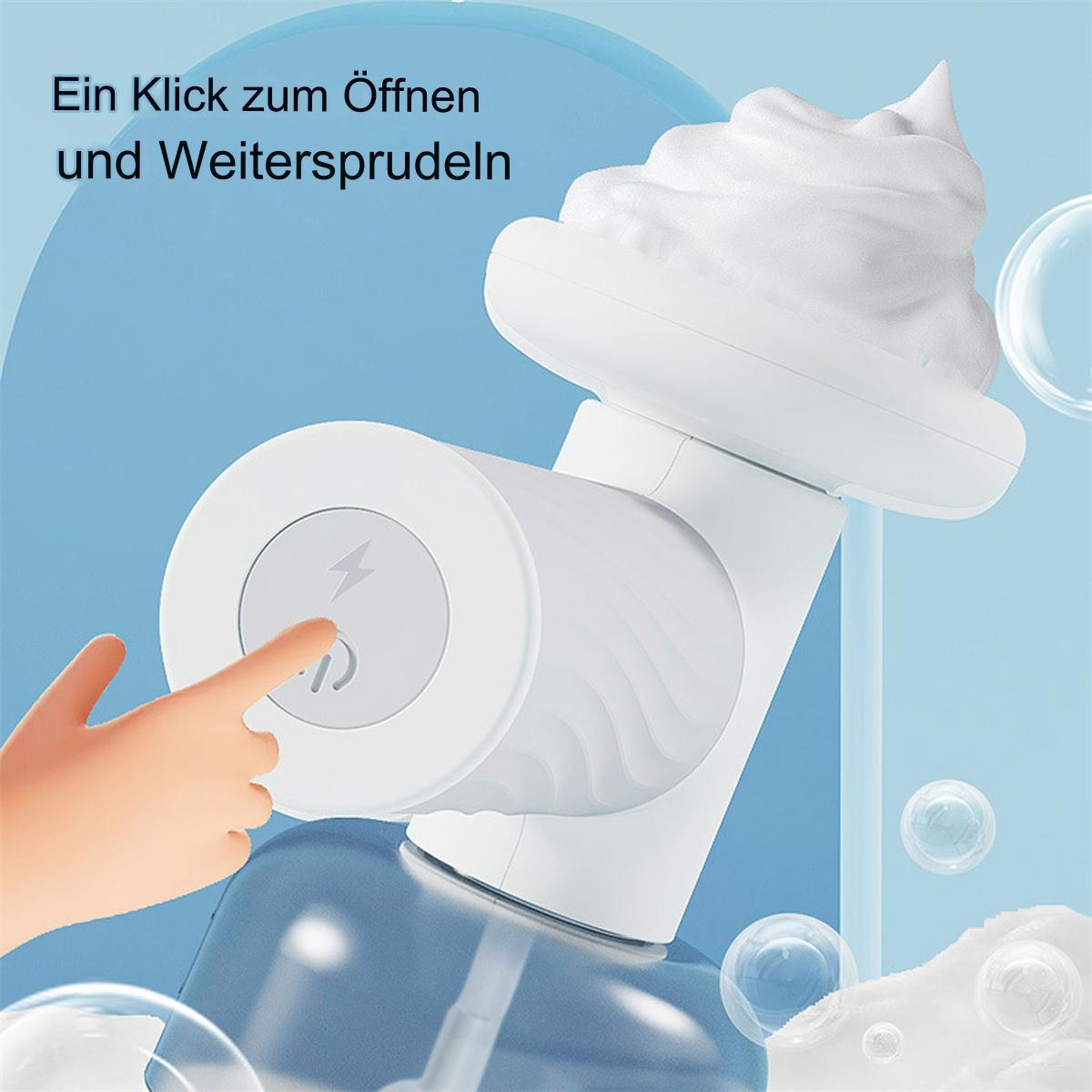 Ein weißer Spender mit einem Finger, der einen Knopf drückt, weißem Schaum und Blasen.