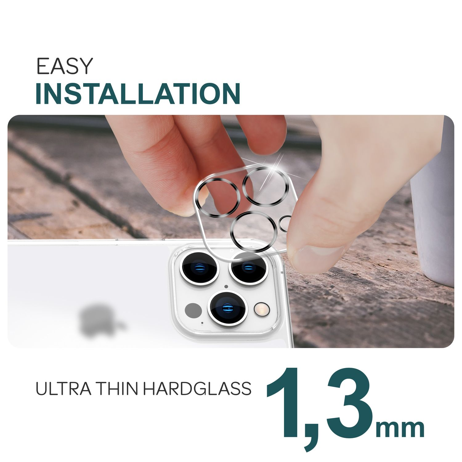 Hand installiert einen klaren Displayschutz auf einem Telefon. Text lautet 'einfache Installation'.