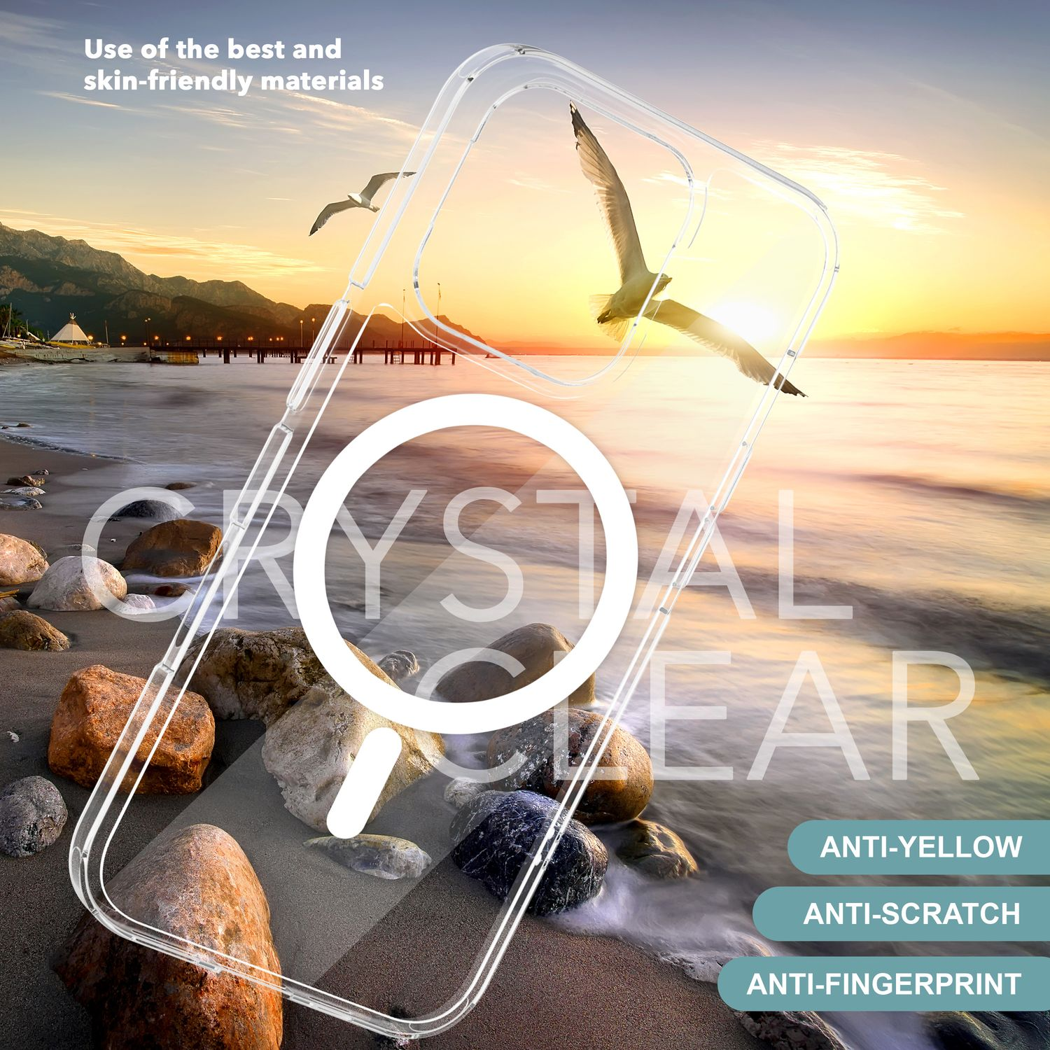 Klare Handyhülle auf einer Strandszene. Kristallklarer Text. Anti-Gelb, Anti-Kratzer, Anti-Fingerabdruck-Etiketten.