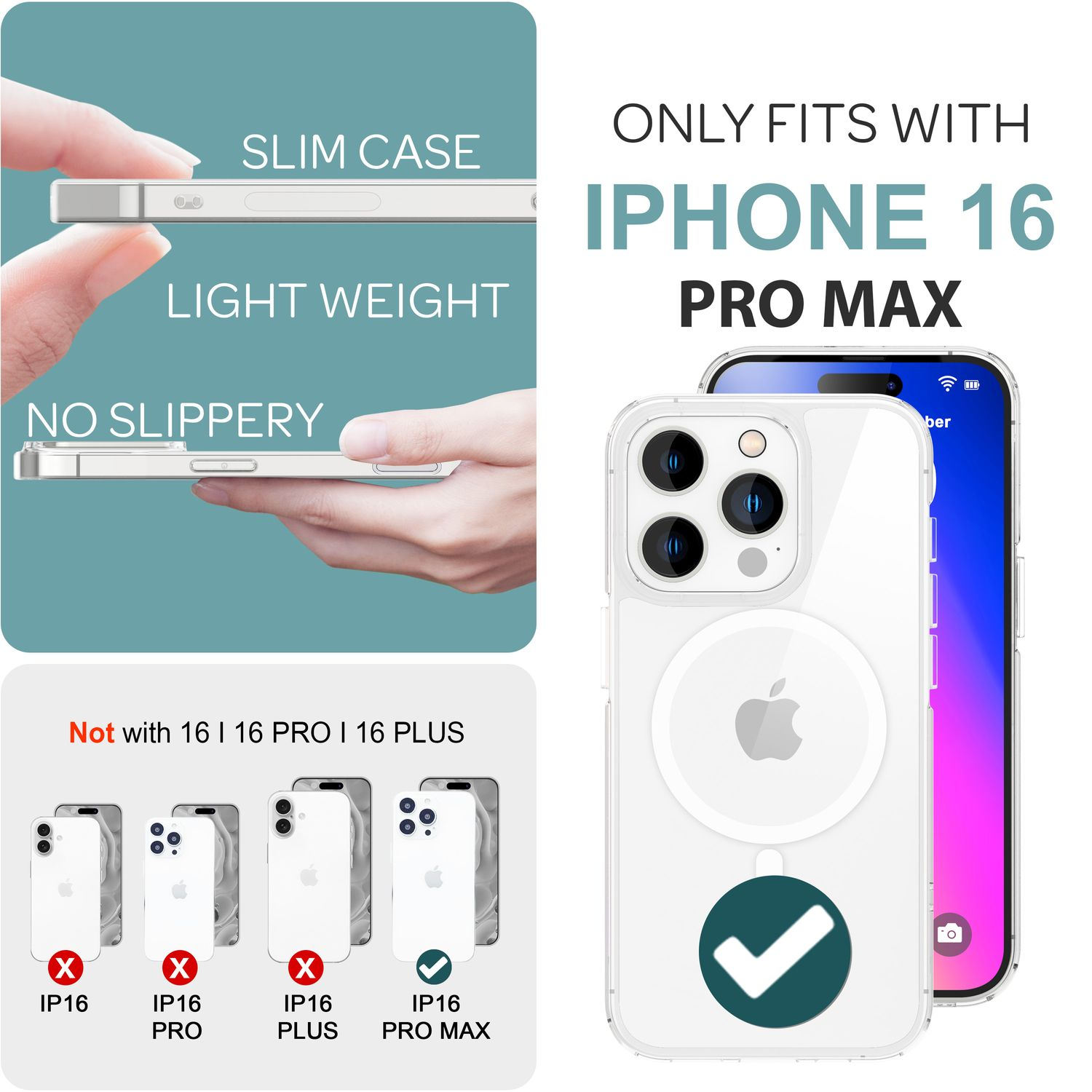 Weißes Handycase mit iPhone 16 Pro Max Bild. Text zeigt, es passt nur Pro Max. Andere Modelle mit X.