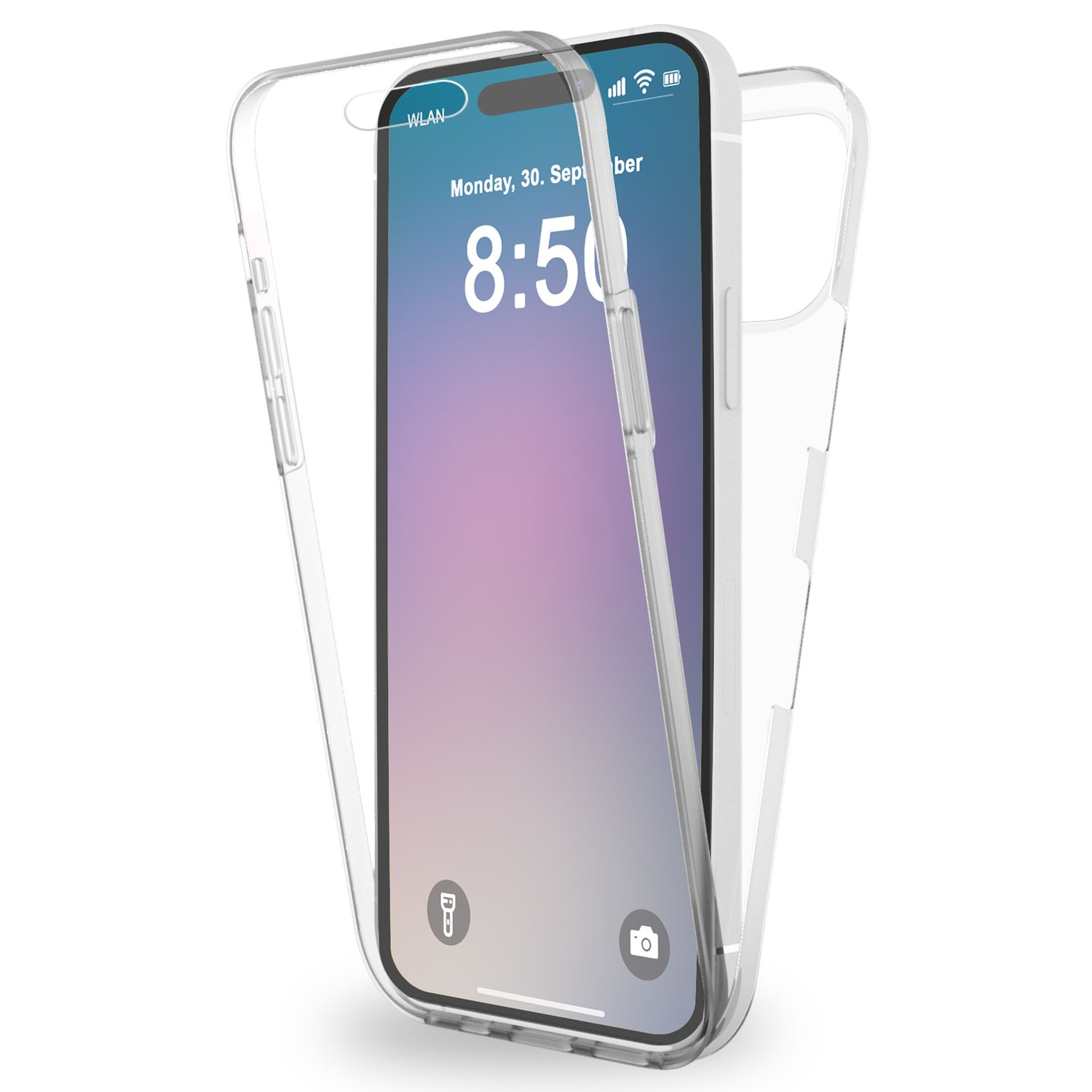 Eine durchsichtige Handyhülle, offen, mit einem Handy darin. Das Handy ist auf dem Bildschirm, zeigt die Uhrzeit und das Datum.