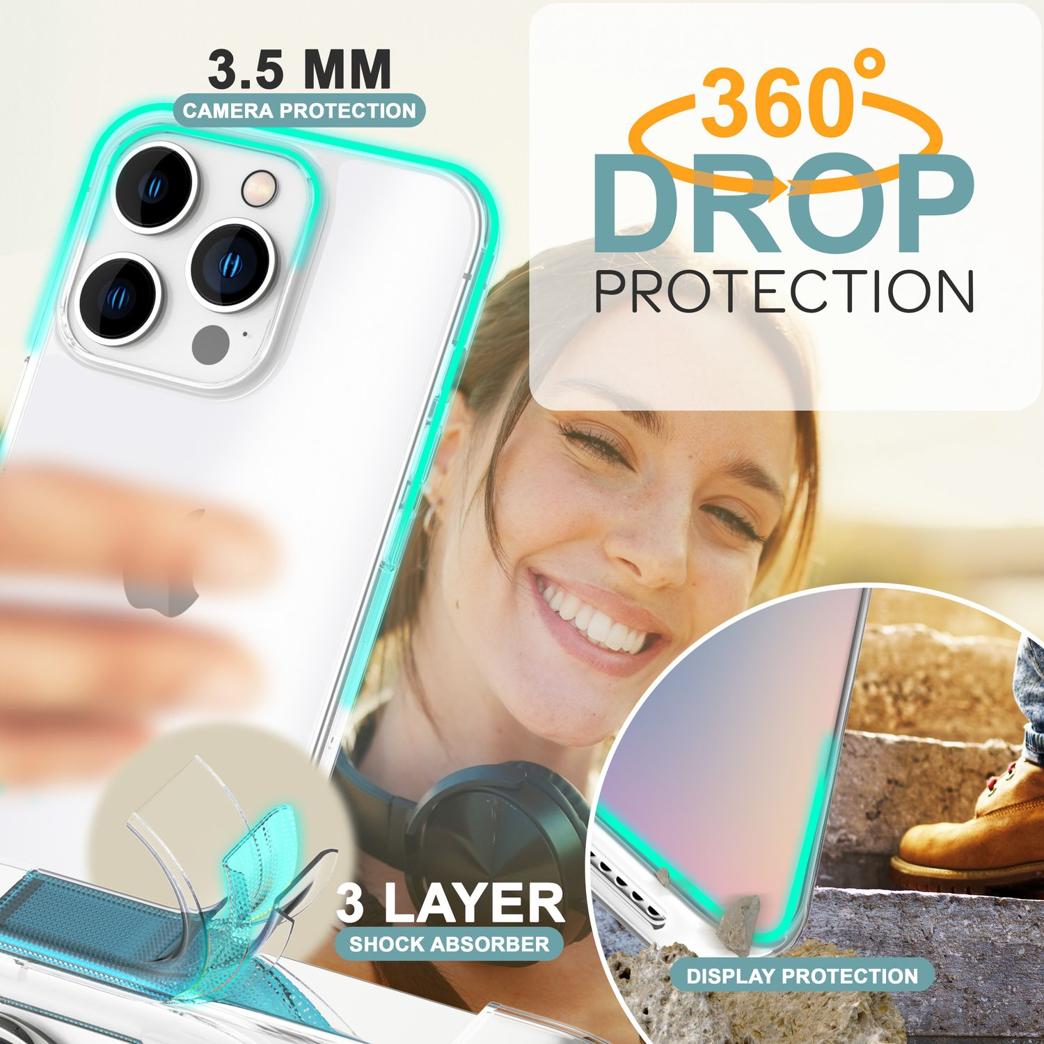 Transparente Handyhülle über einem Handy mit einem Frauengesicht im Hintergrund. Text: 360 Schutz.
