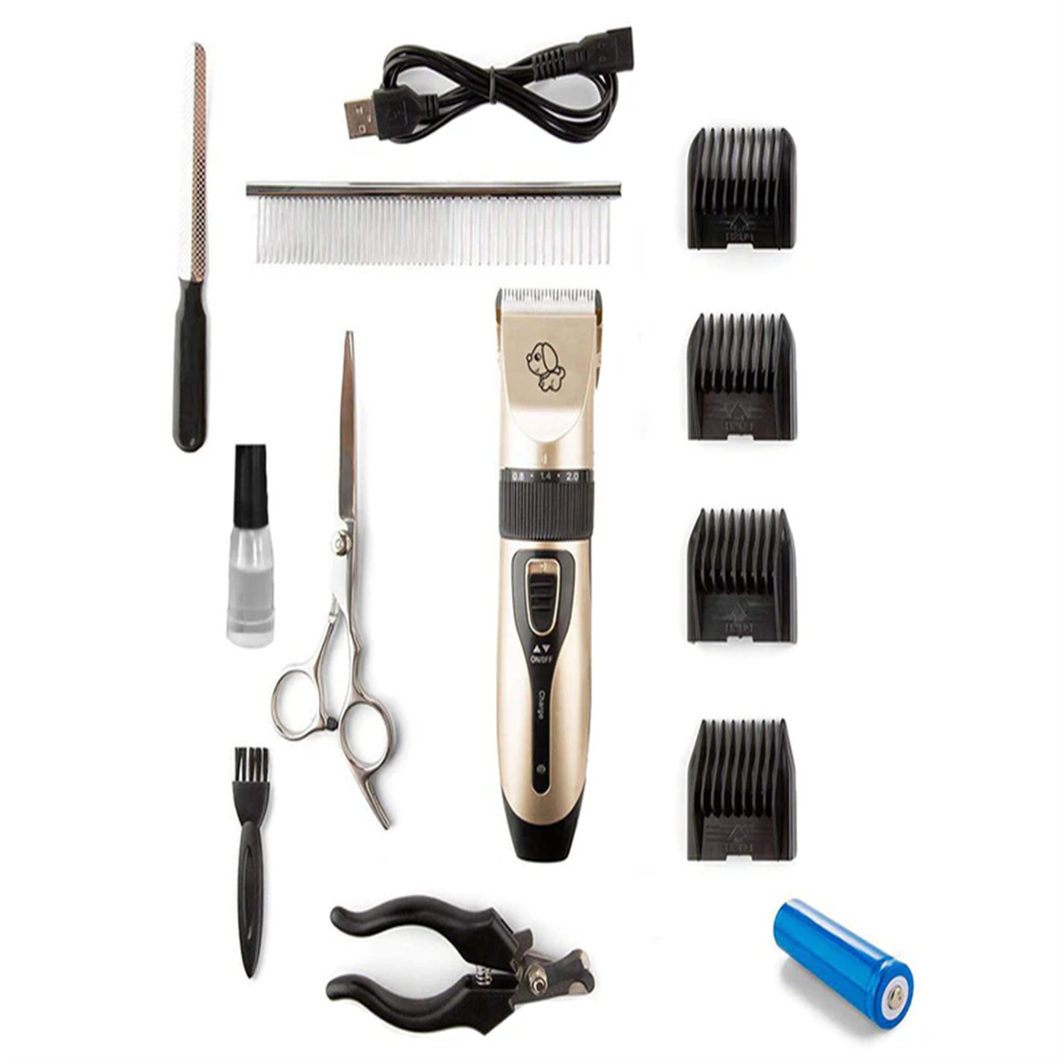 Tierpflege-Set mit Schermaschine, Schere, Nagelknipser, Kamm und anderen Werkzeugen auf weißem Hintergrund.