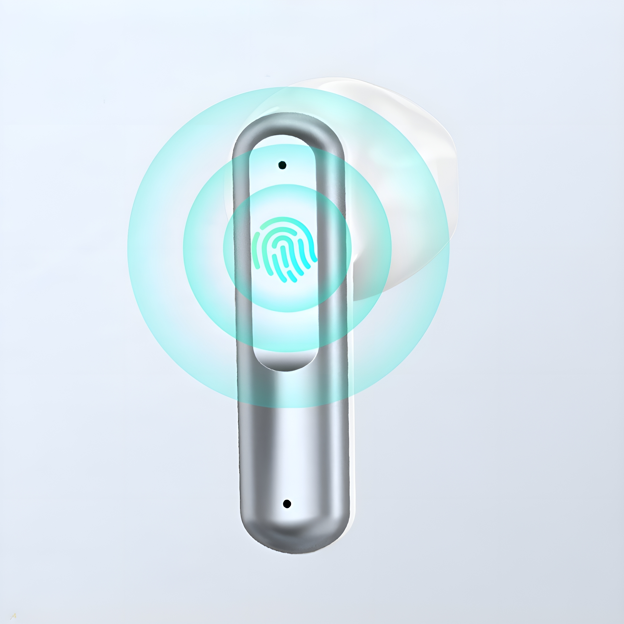 Silberner Ohrhörer mit Fingerabdrucksymbol. Leuchtend blaue Kreise. Weißer Hintergrund.