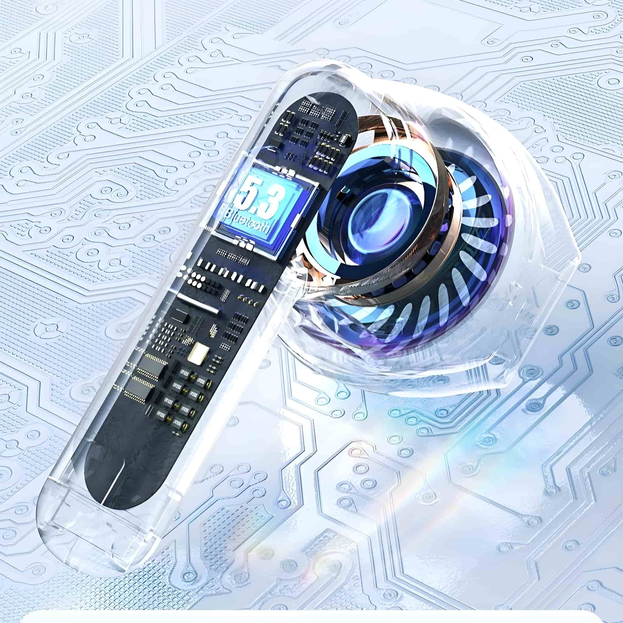 Ein transparenter Ohrhörer mit blauem 5.3 Bluetooth-Display, mit hellblauem Hintergrund.