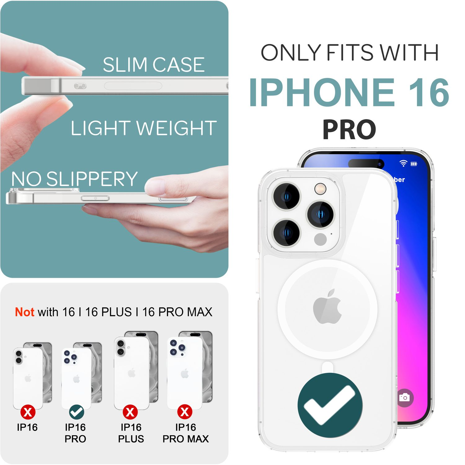 iPhone 16 Pro en una funda transparente. La funda está sobre una superficie blanca.