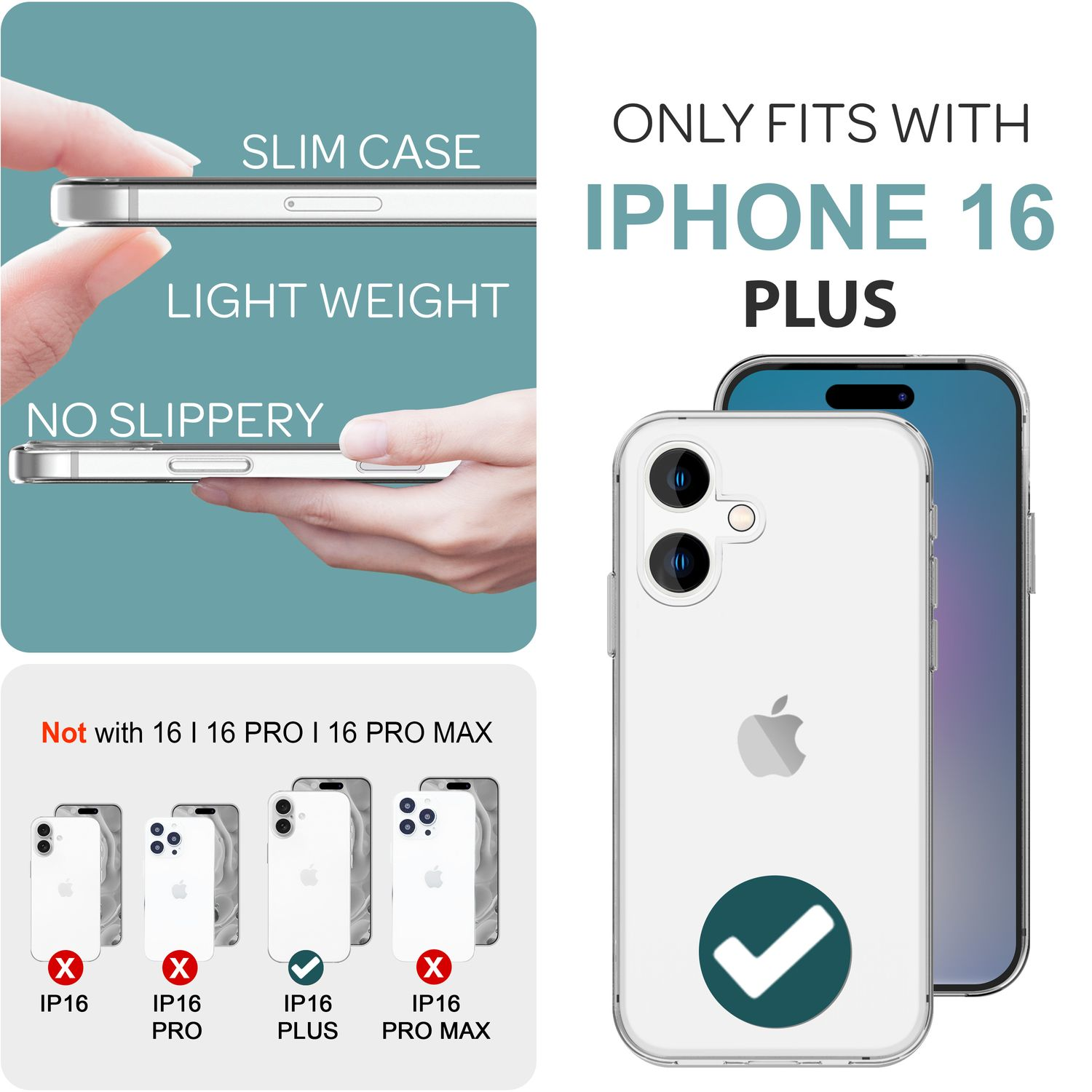 Transparente Handyhülle. Text sagt: Nur passend für iPhone 16 Plus.