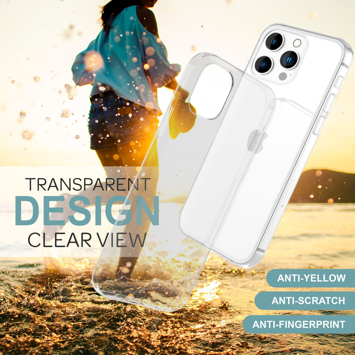 Transparente Handyhülle über einem Handy mit einer Strandszene im Hintergrund. Text: Transparentes Design.