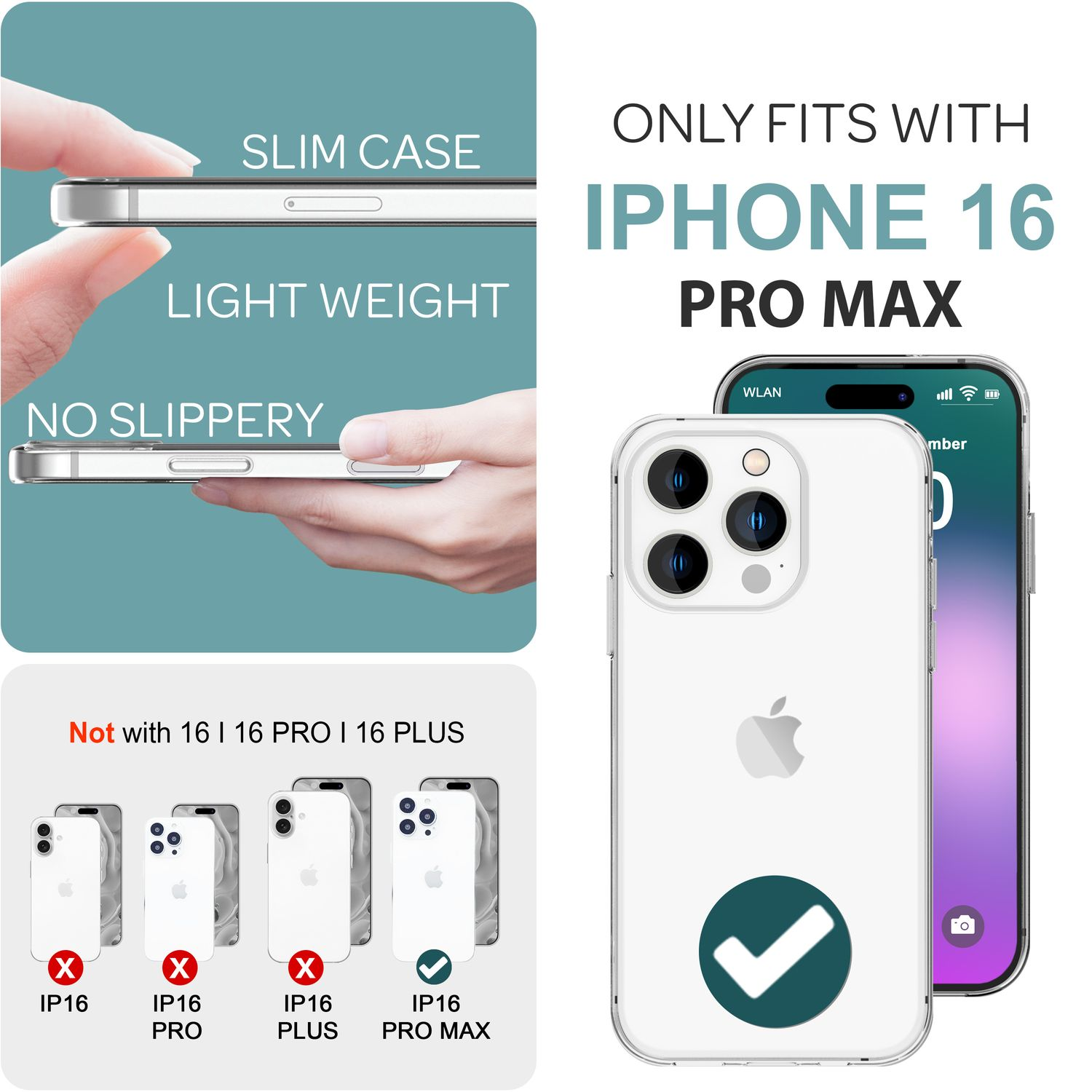 Diagramm mit Handyhüllen. Die Hülle rechts passt zum iPhone 16 Pro Max. Andere Modelle sind nicht kompatibel.