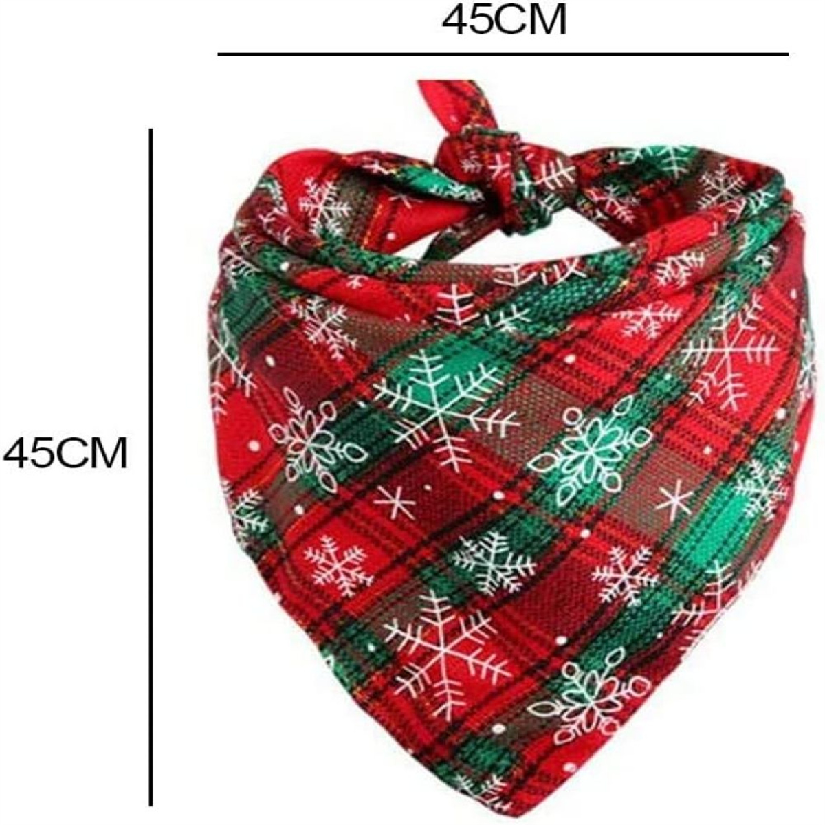 Rotes kariertes Hunde-Bandana mit Schneeflocken. Maße 45x45cm. Weißer Hintergrund.