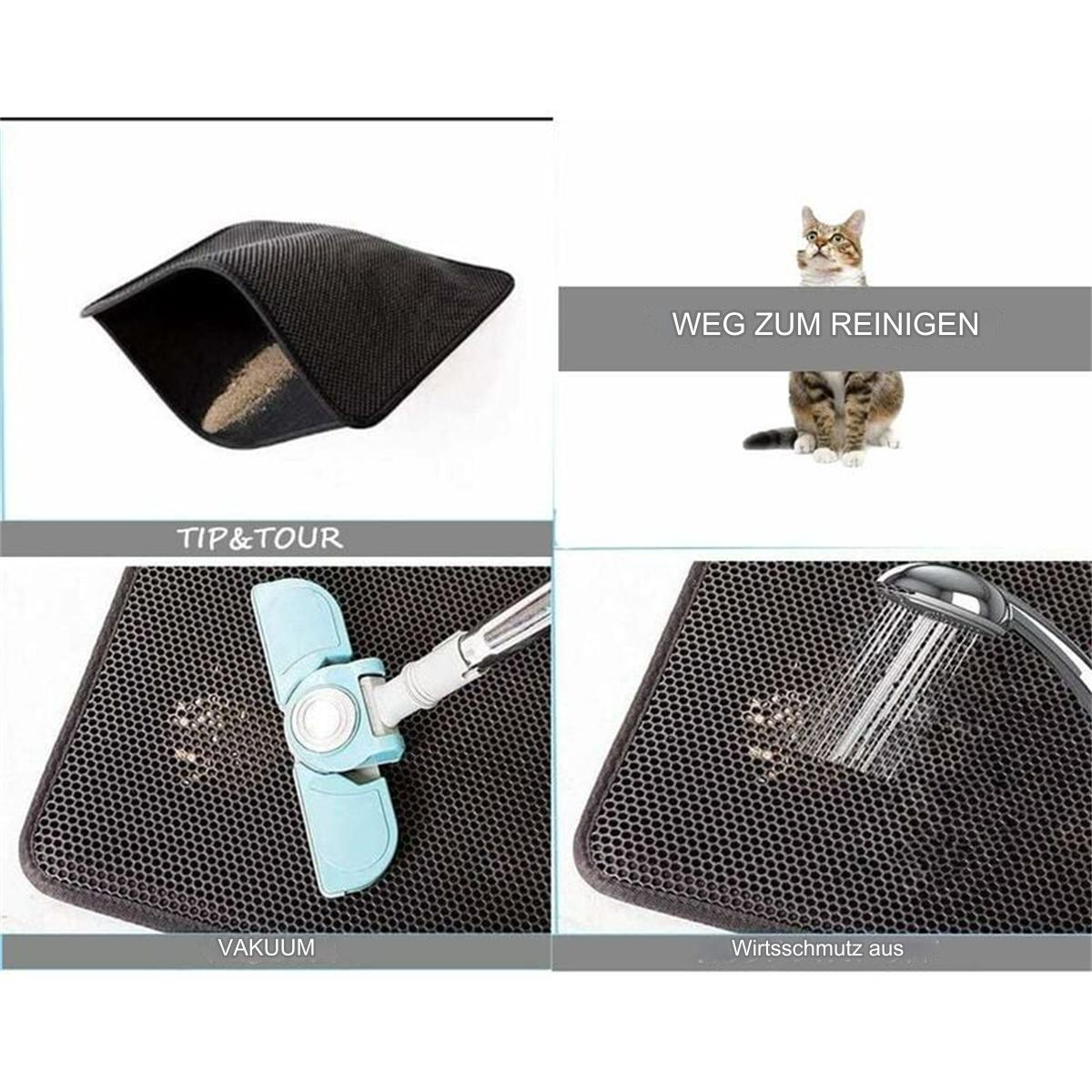 Eine Katzenmatte wird gesaugt und gewaschen. Eine Katze sitzt und schaut in die Kamera. Die Worte 