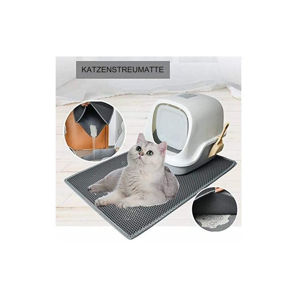 Katze auf grauer Matte. Eine Katzentoilette und eine Schaufel sind im Hintergrund.
