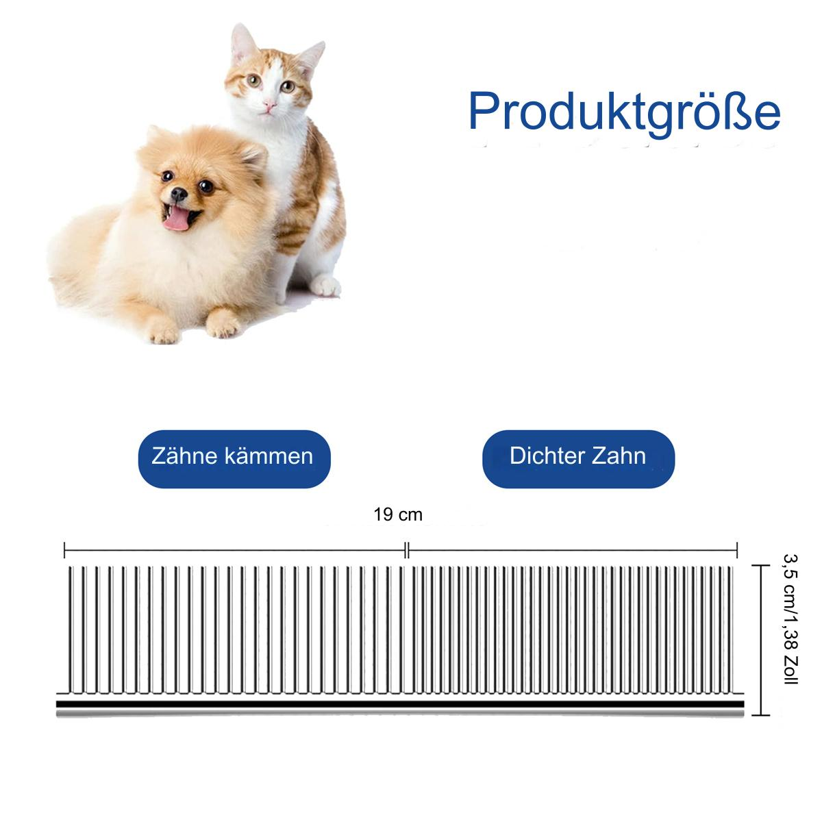Kamm für Haustiere, mit Katze und Hund. Kamm ist schwarz, 19cm lang und hat Zähne.