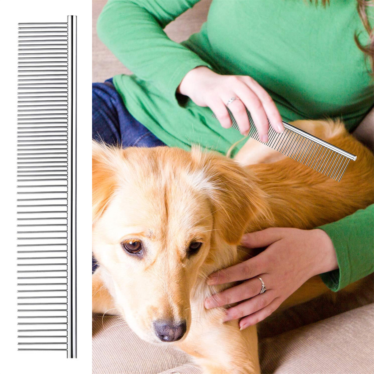 Pflegekamm und ein Hund. Eine Person bürstet das Fell des Hundes.