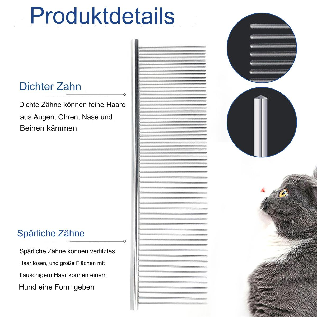 Metallkamm mit feinen und spärlichen Zähnen, auch das Gesicht einer grauen Katze in der Ecke.