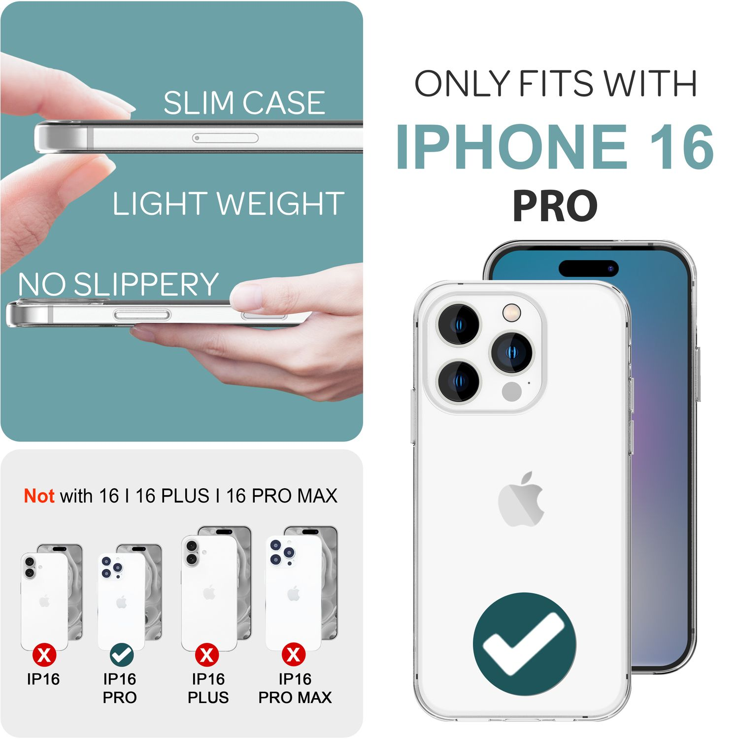 Ein iPhone 16 Pro-Gehäuse, mit Bildern, die die Gehäusemerkmale zeigen, und einem Häkchen mit iPhone 16 Pro.