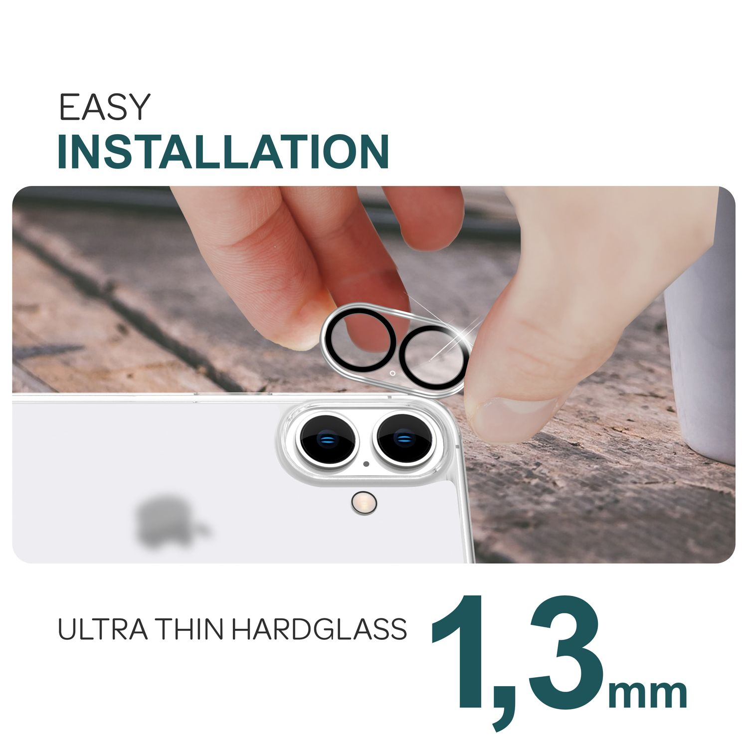 Eine Person installiert einen Linsenschutz auf einem Telefon. Der Text sagt 'Einfache Installation'.
