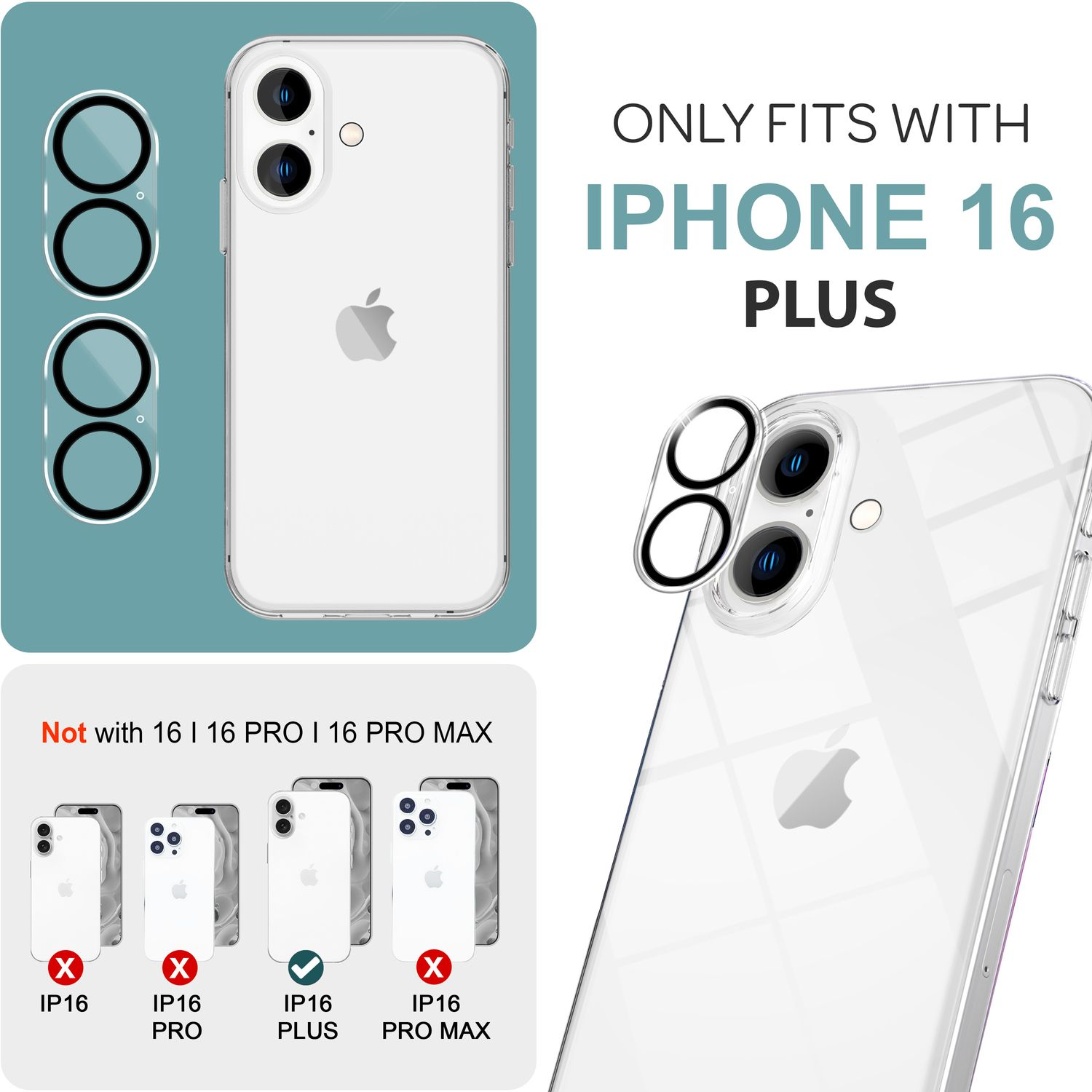 Coque de téléphone avec protections d'appareil photo et icônes. Texte : 'Convient uniquement à l'iPhone 16 Plus'.