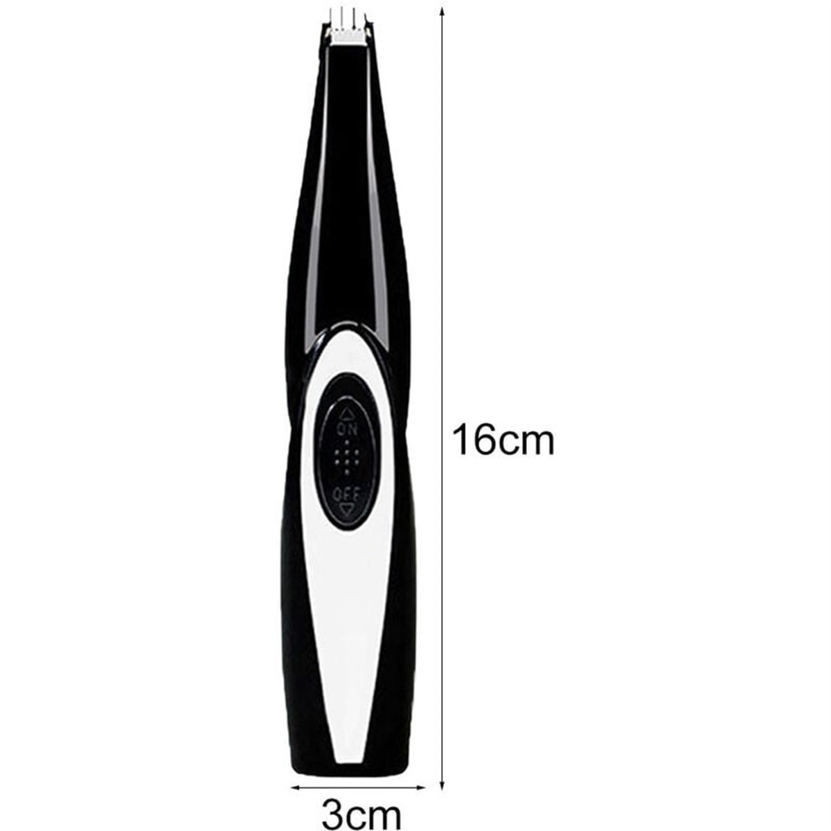 Schwarz-weißer elektrischer Haarschneider. Er zeigt die Länge von 16 cm und 3 cm an.