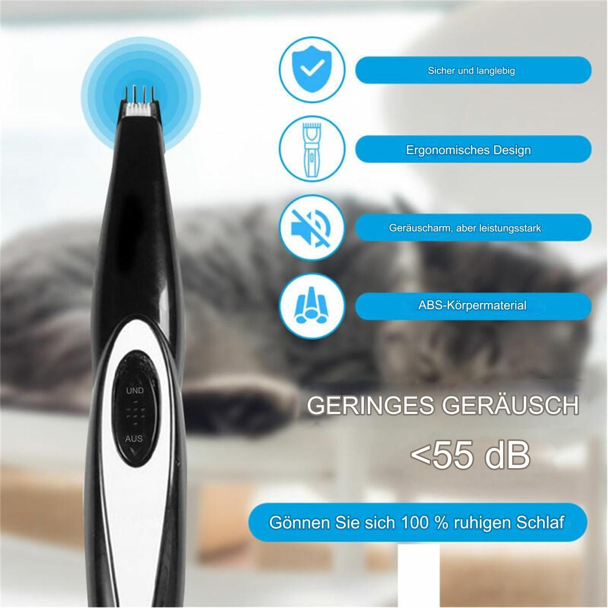 Ein schwarz-weißes Haustierpflege-Werkzeug mit einer Katze im Hintergrund.