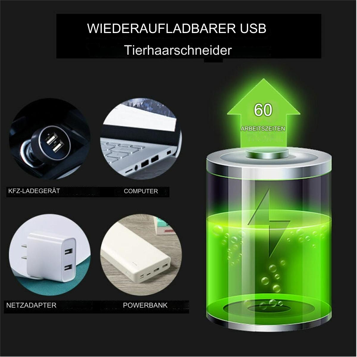 Bild zeigt einen wiederaufladbaren USB-Haarschneider, Ladeoptionen und Akkuladestand.