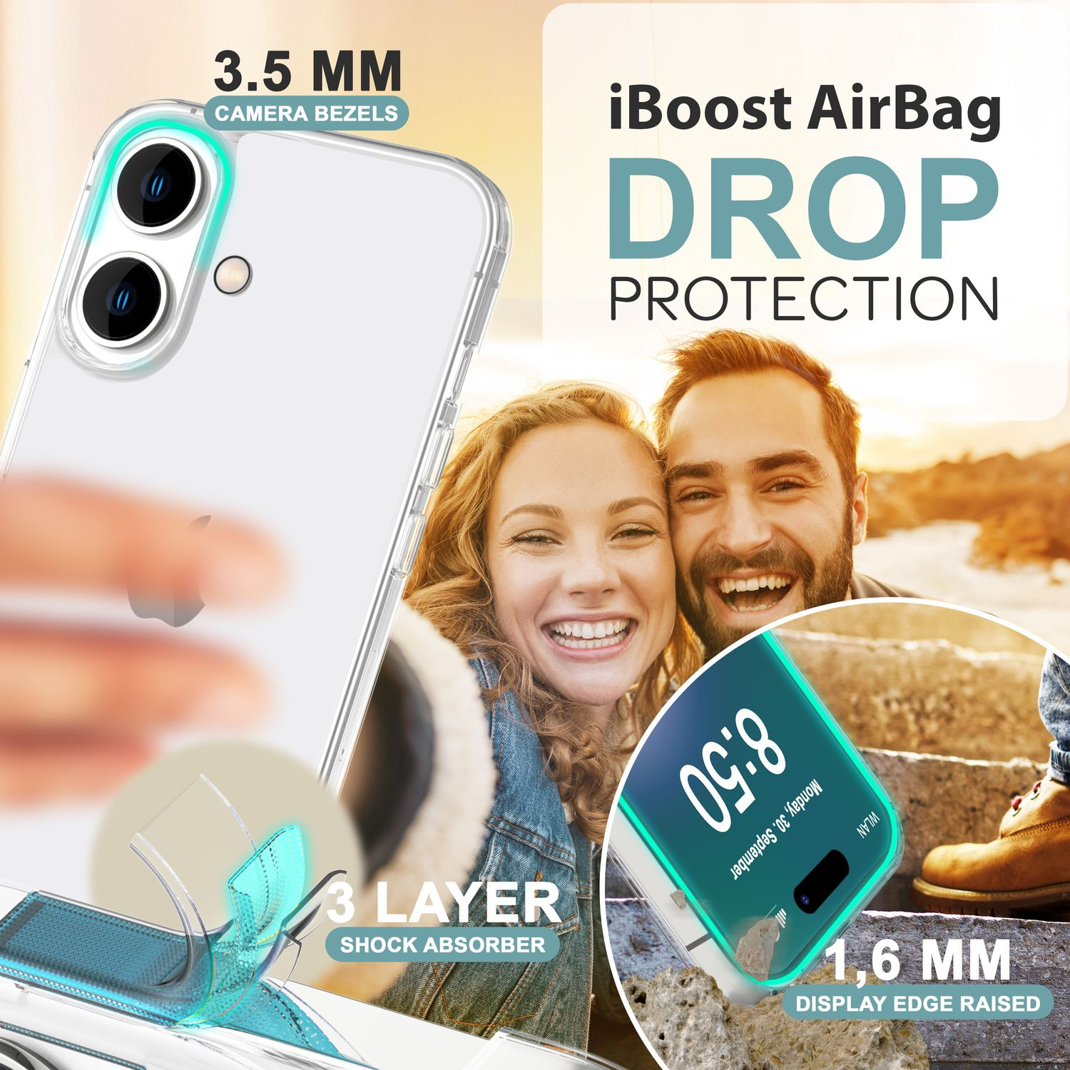 Una funda transparente para teléfono con un teléfono dentro, con una pareja en el fondo y texto