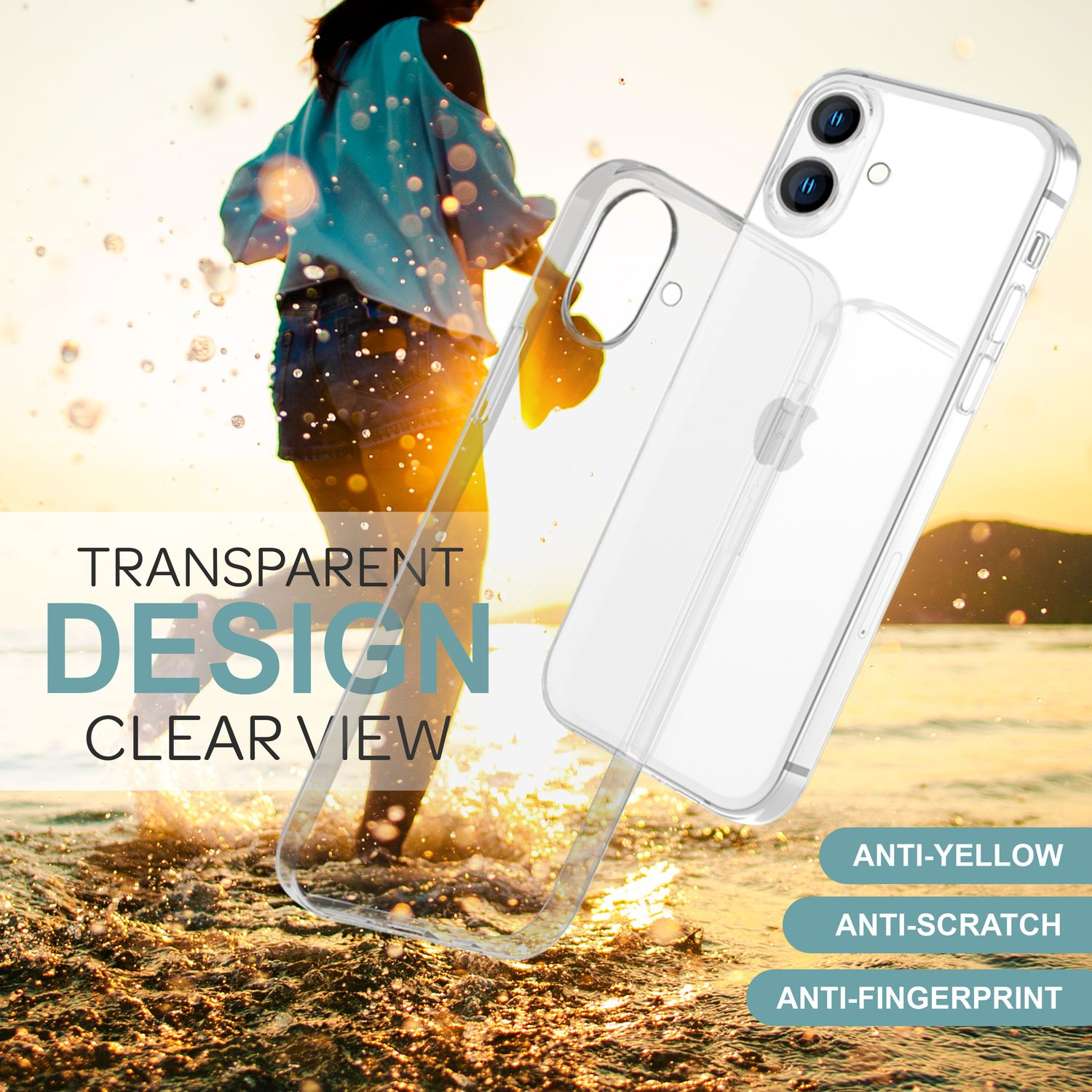 Funda transparente para teléfono en un teléfono. En el fondo, hay una mujer en el agua al atardecer.