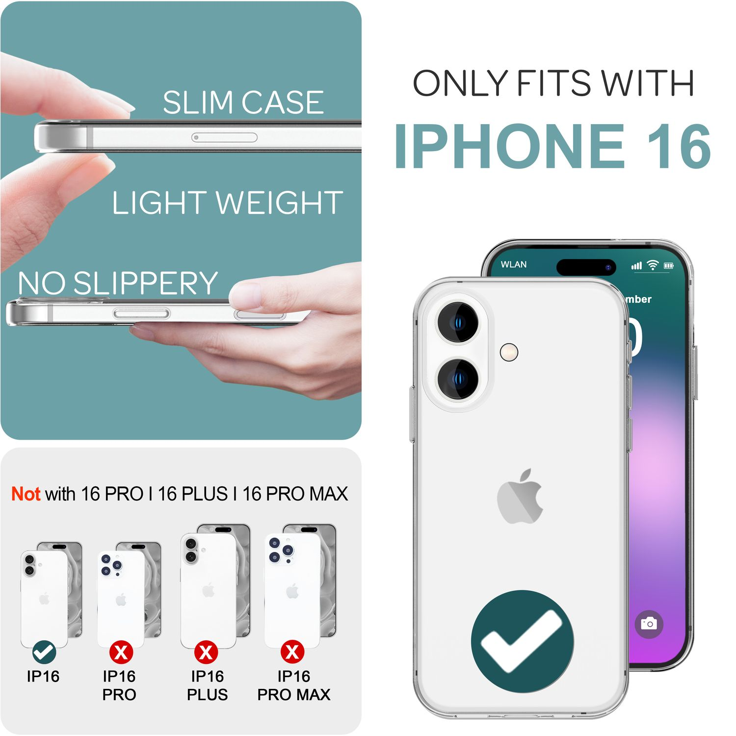 Comparación de fundas para teléfono: iPhone 16. Muestra la funda y indica que se adapta al iPhone 16, no Pro, Plus o Pro Max.