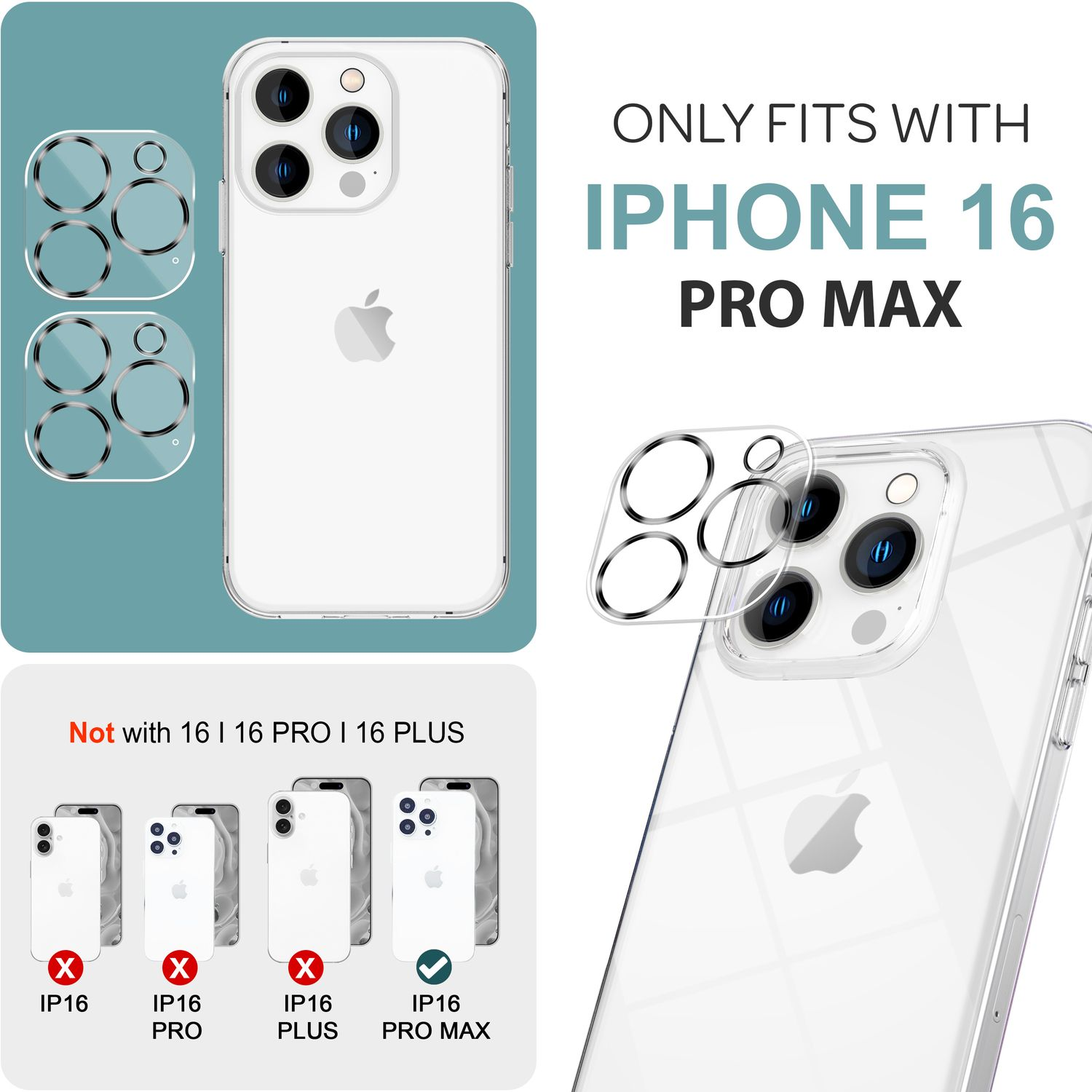 iPhone 16 Pro Max Displayschutzfolie und iPhone 16 Pro Max. Andere Modelle sind als inkompatibel markiert.