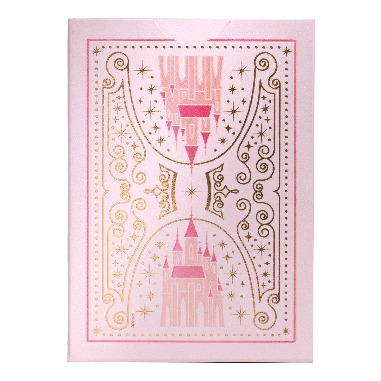 Rosa Spielkartenbox mit Burgdesign und goldenen Akzenten. Rosa Hintergrund.
