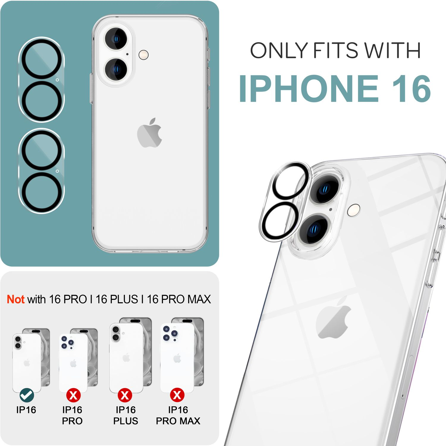 Transparente Handyhülle mit Kameraschutz. Text: NUR PASSEND FÜR IPHONE 16. Diagramme und Text.