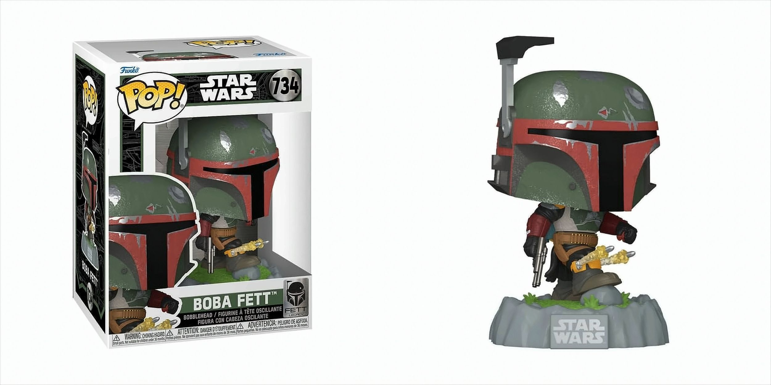 Figura di Boba Fett e confezione, con loghi Funko Pop! e Star Wars.