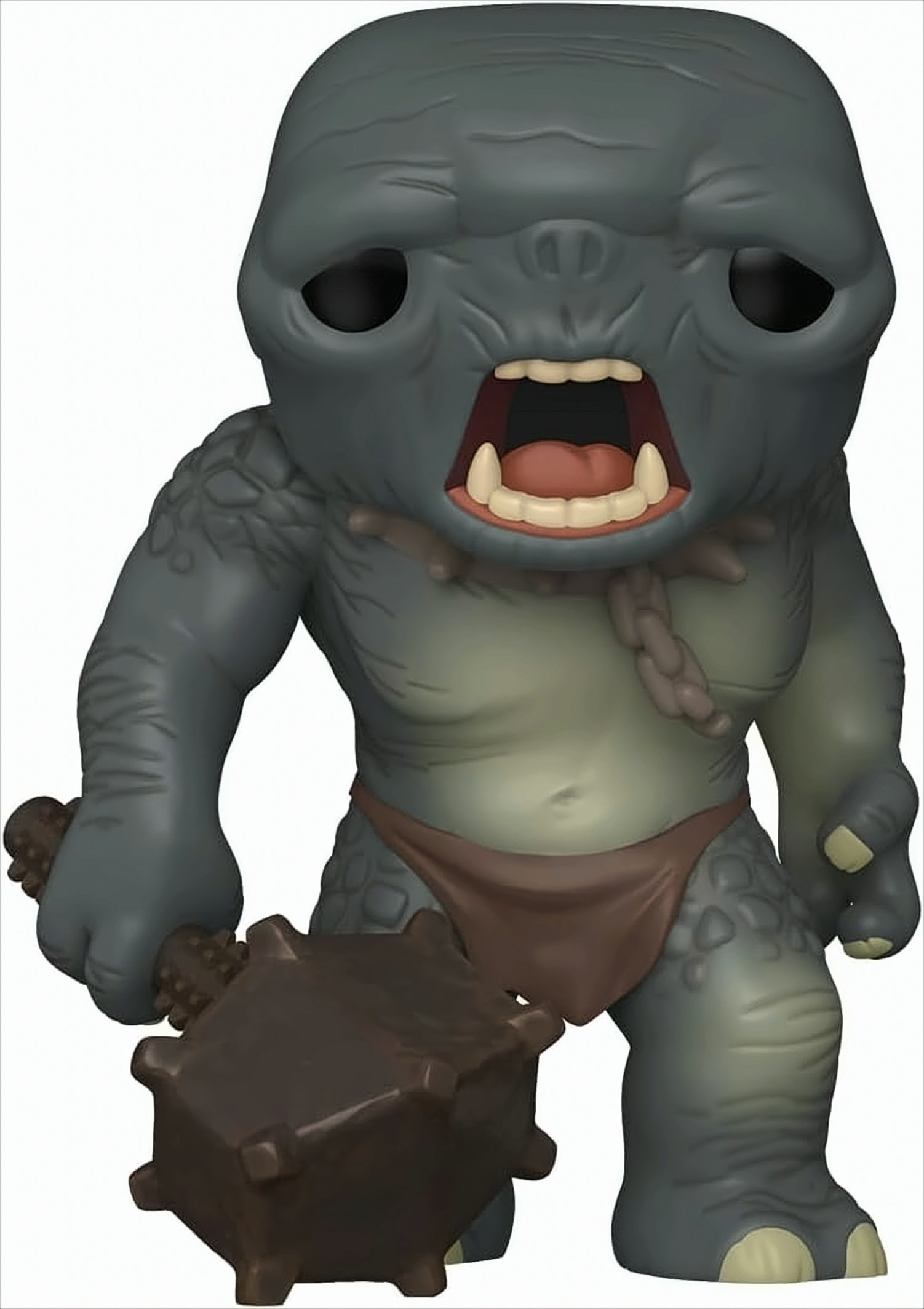Figurina di troll grigio con bocca aperta e mazza.